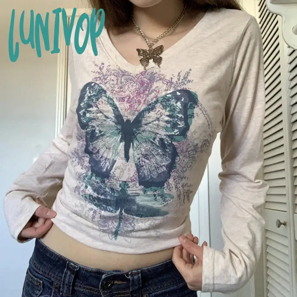 Lunivop 90s streetwear Women's Butterfly Print T-shirt Chicken Collar Top Long Sleeve Short Outer Wear Hot Girl Y2K Inner Wear