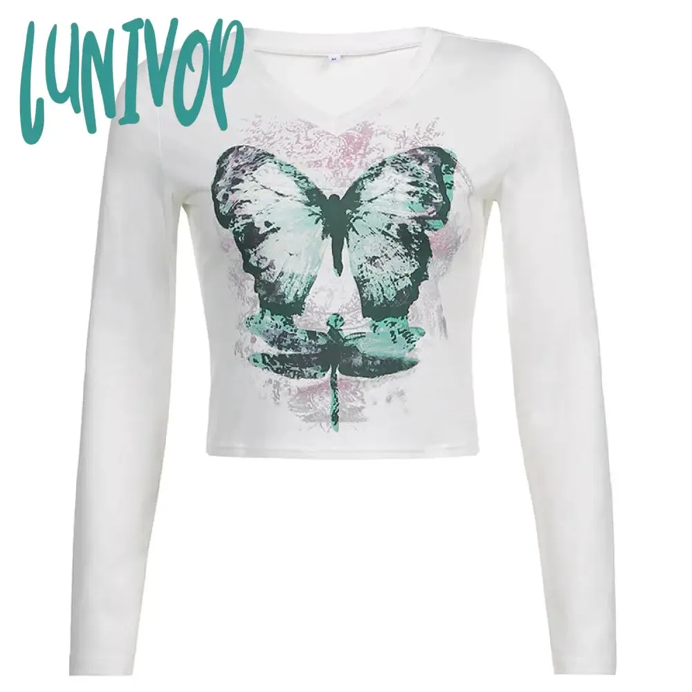 Lunivop 90s streetwear Women's Butterfly Print T-shirt Chicken Collar Top Long Sleeve Short Outer Wear Hot Girl Y2K Inner Wear