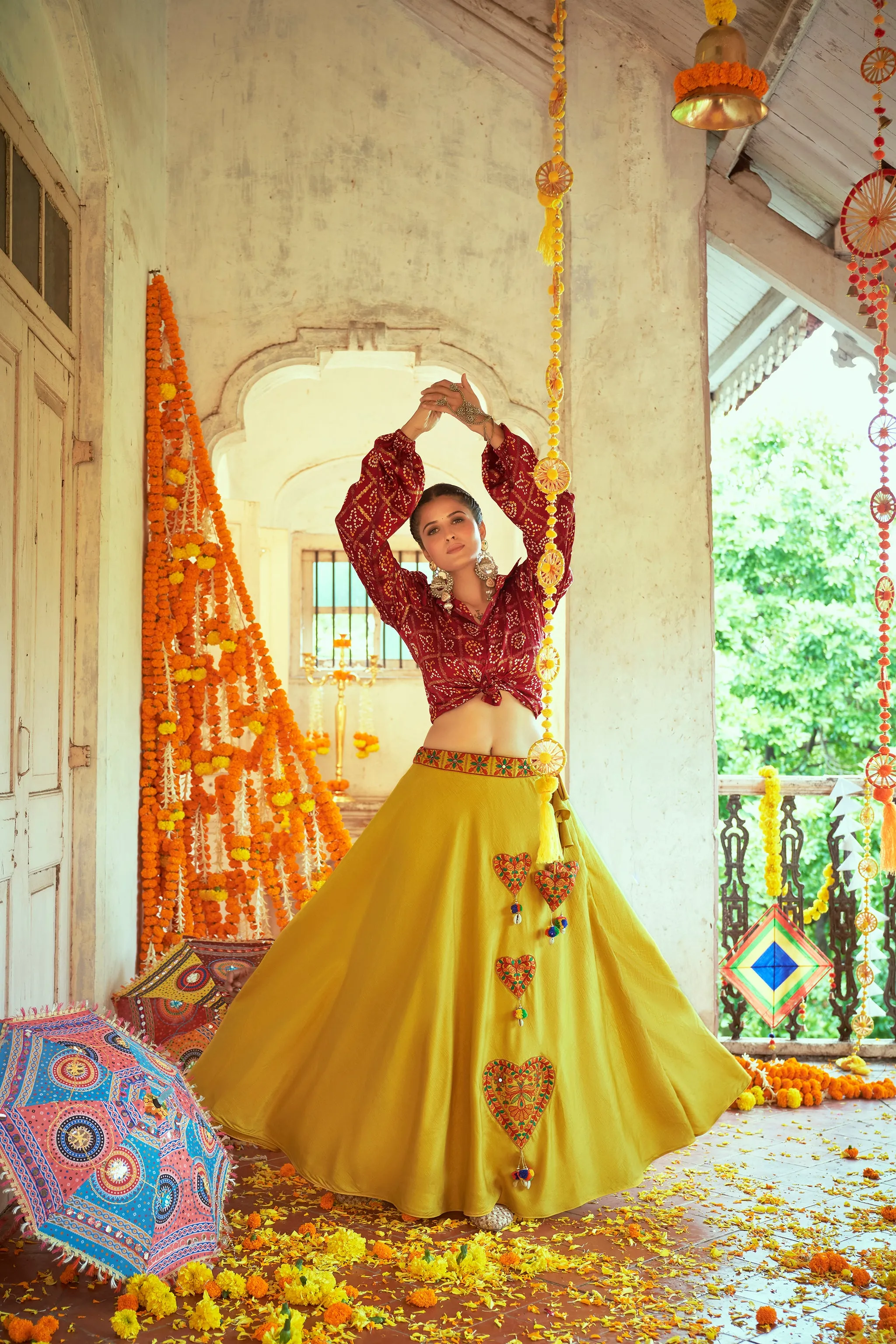 Maroon With Green Color Navratri Special Ready To Wear Crop top Lehenga