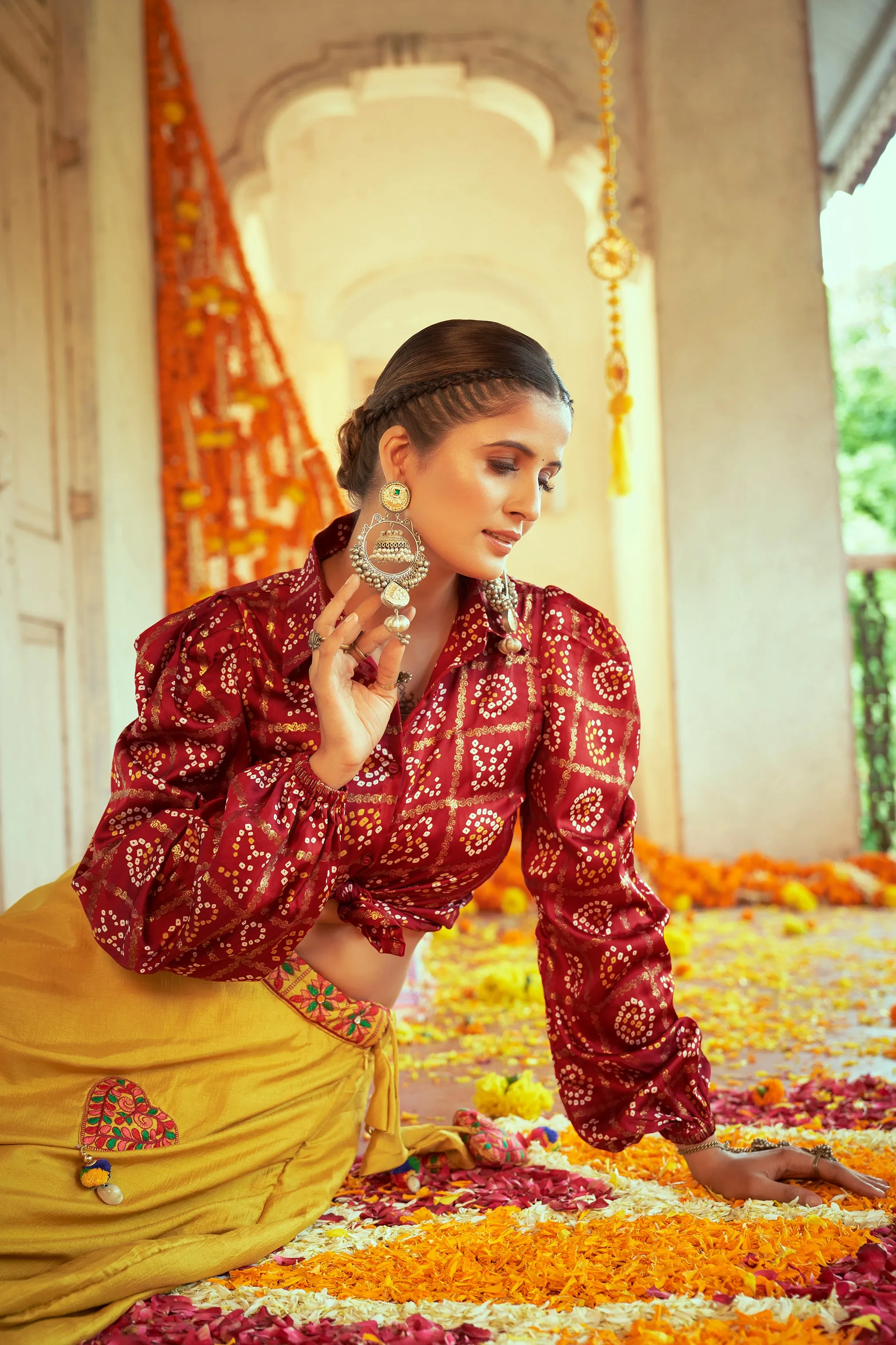 Maroon With Green Color Navratri Special Ready To Wear Crop top Lehenga