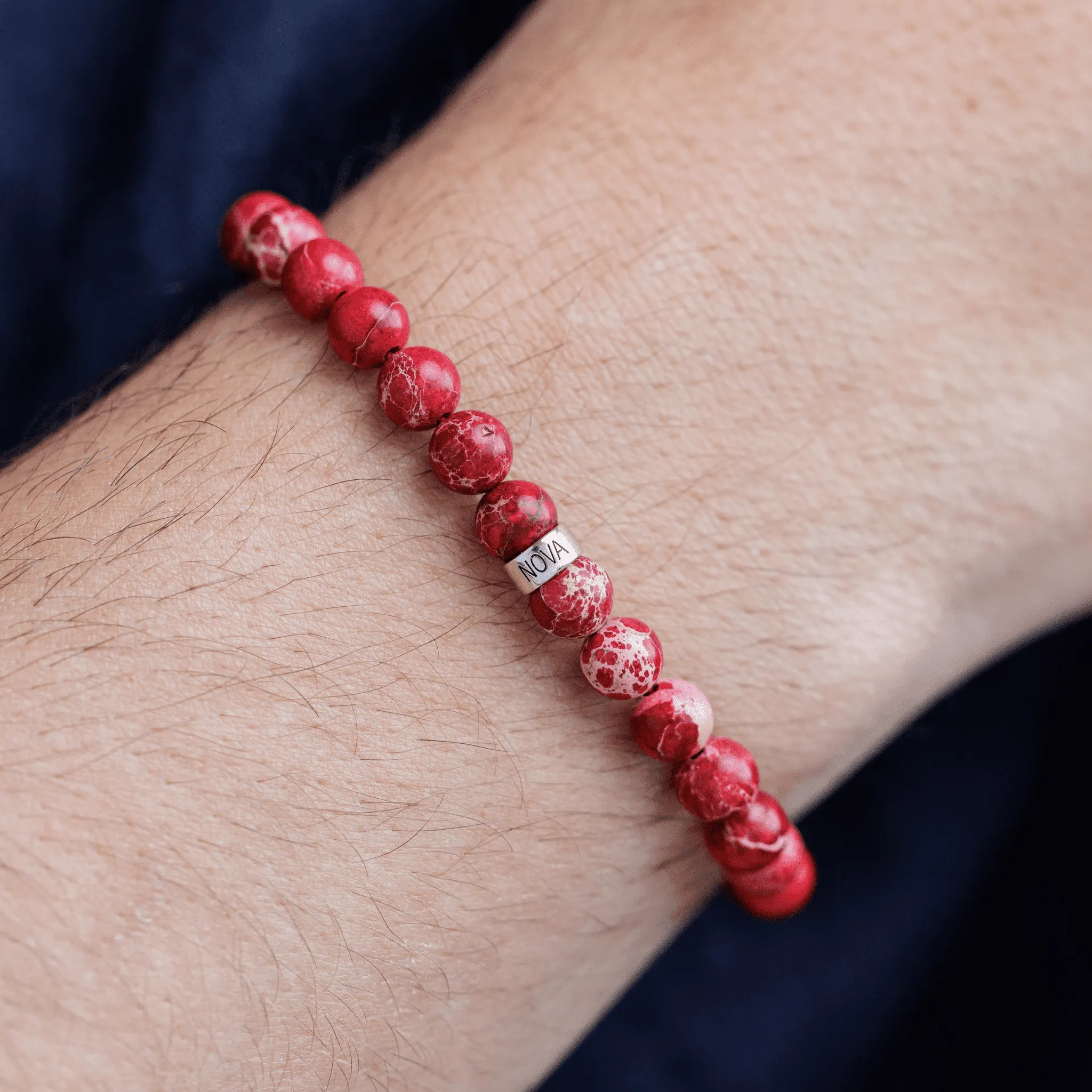 Men's Red Imperial Jasper Engravable Bead Bracelet - 14K Yellow Gold