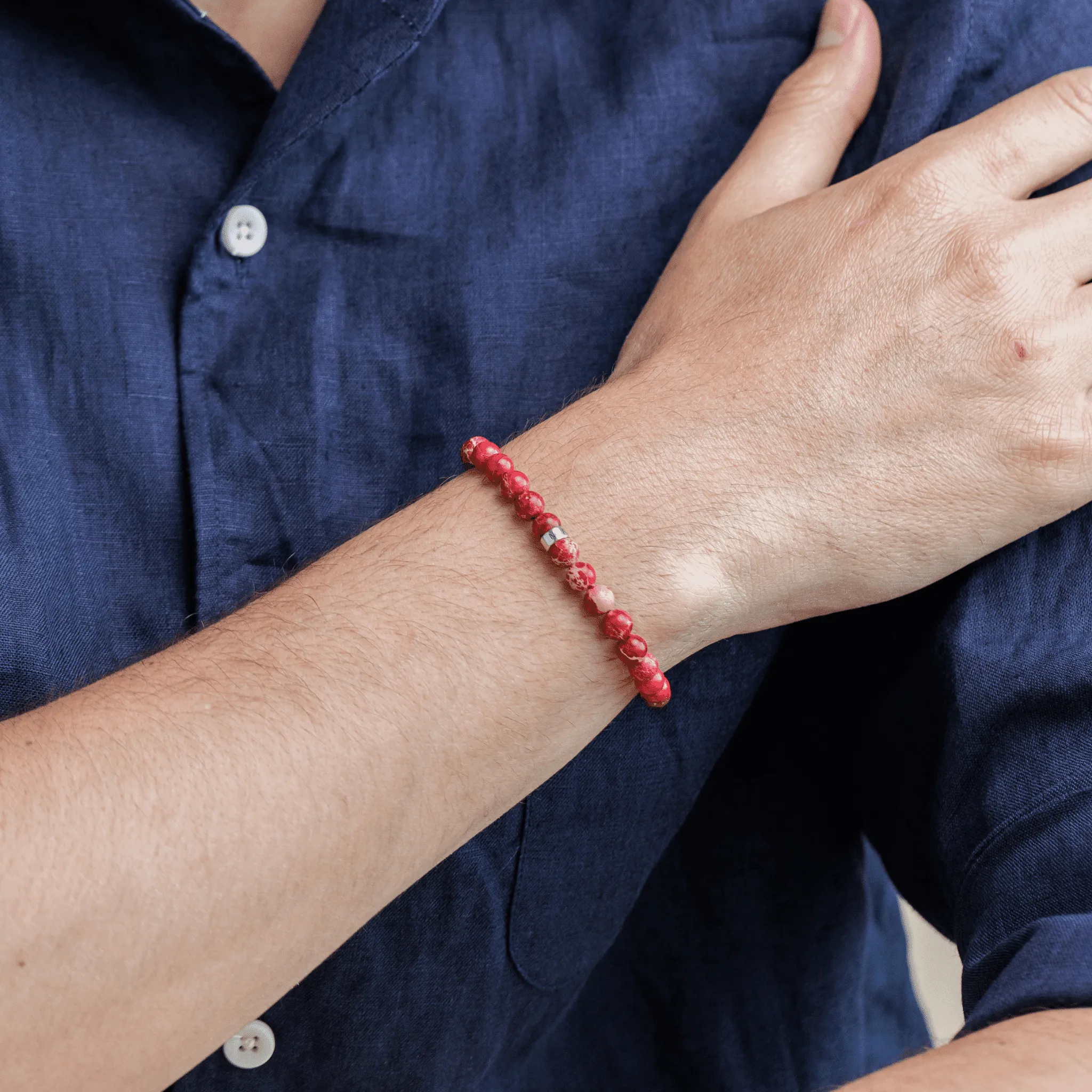 Men's Red Imperial Jasper Engravable Bead Bracelet - 925 Sterling Silver