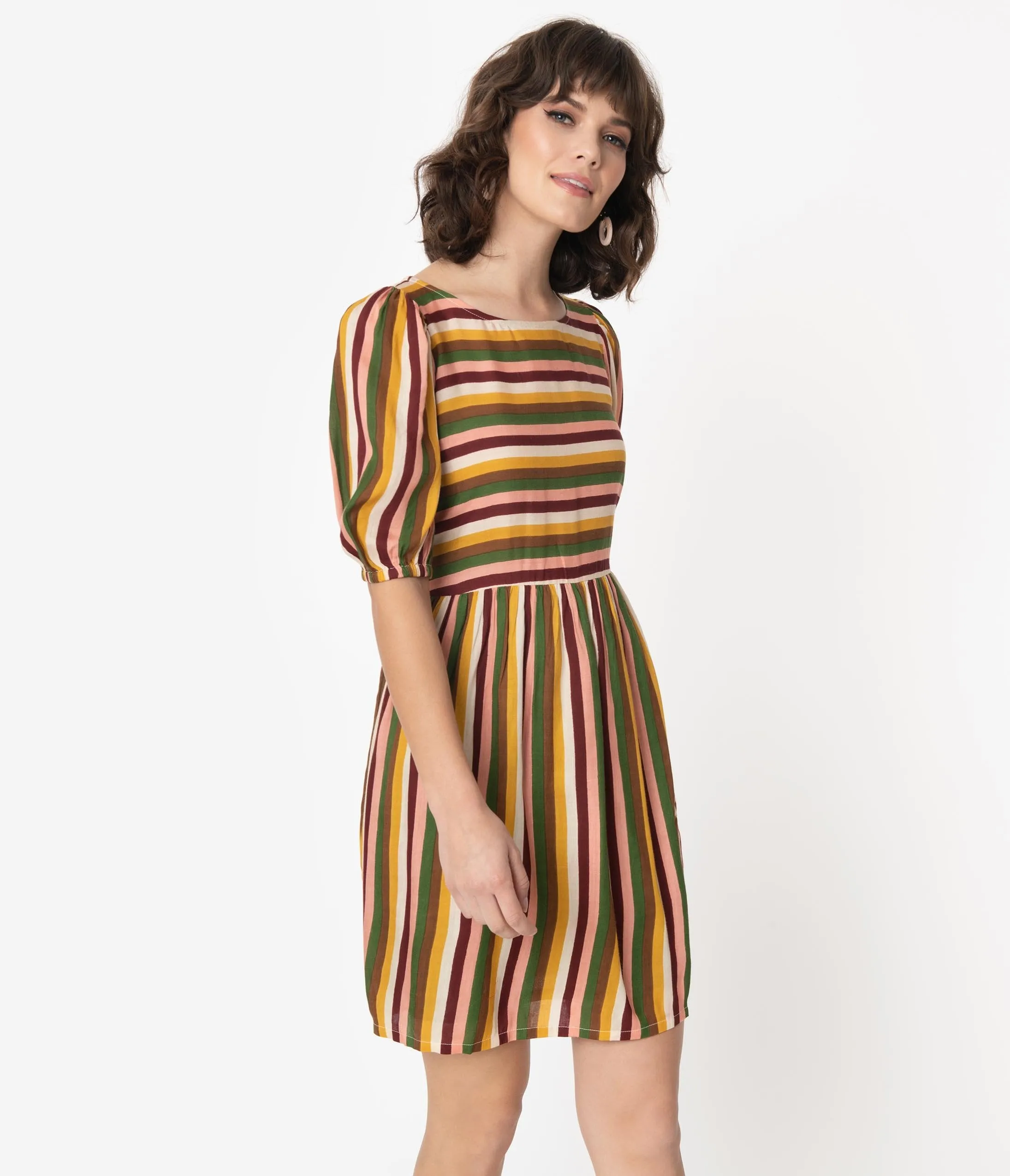 Multicolor Earth Tone Stripe Fit & Flare Dress