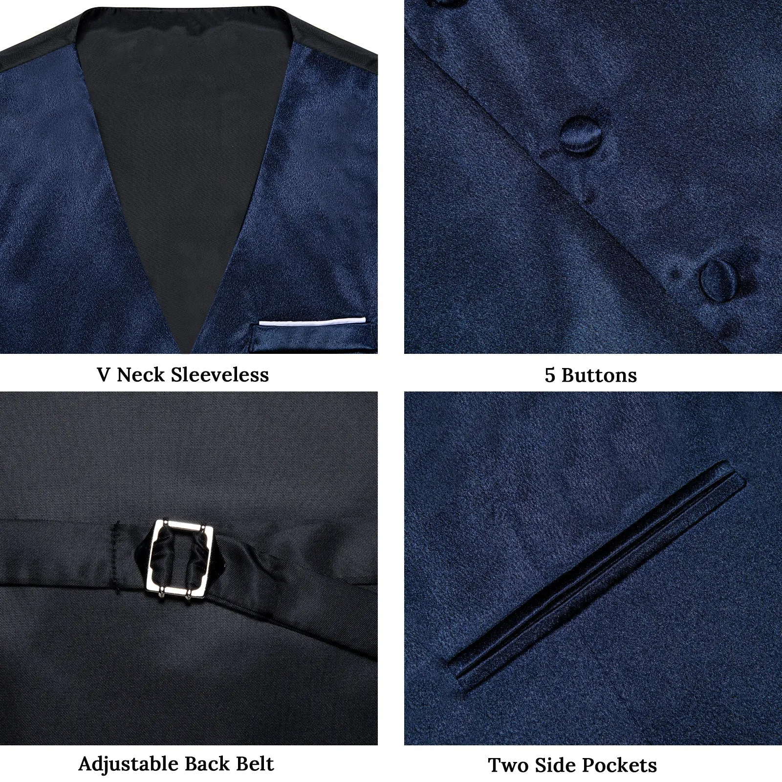 Navy Blue Solid Shining Silk Formal Men's Vest Hanky Cufflinks Tie Set