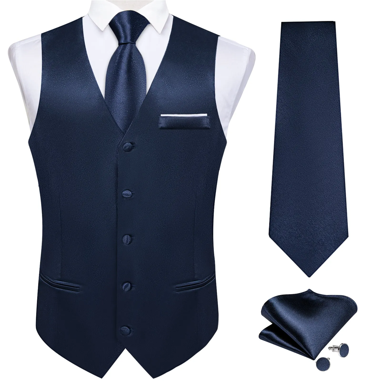 Navy Blue Solid Shining Silk Formal Men's Vest Hanky Cufflinks Tie Set