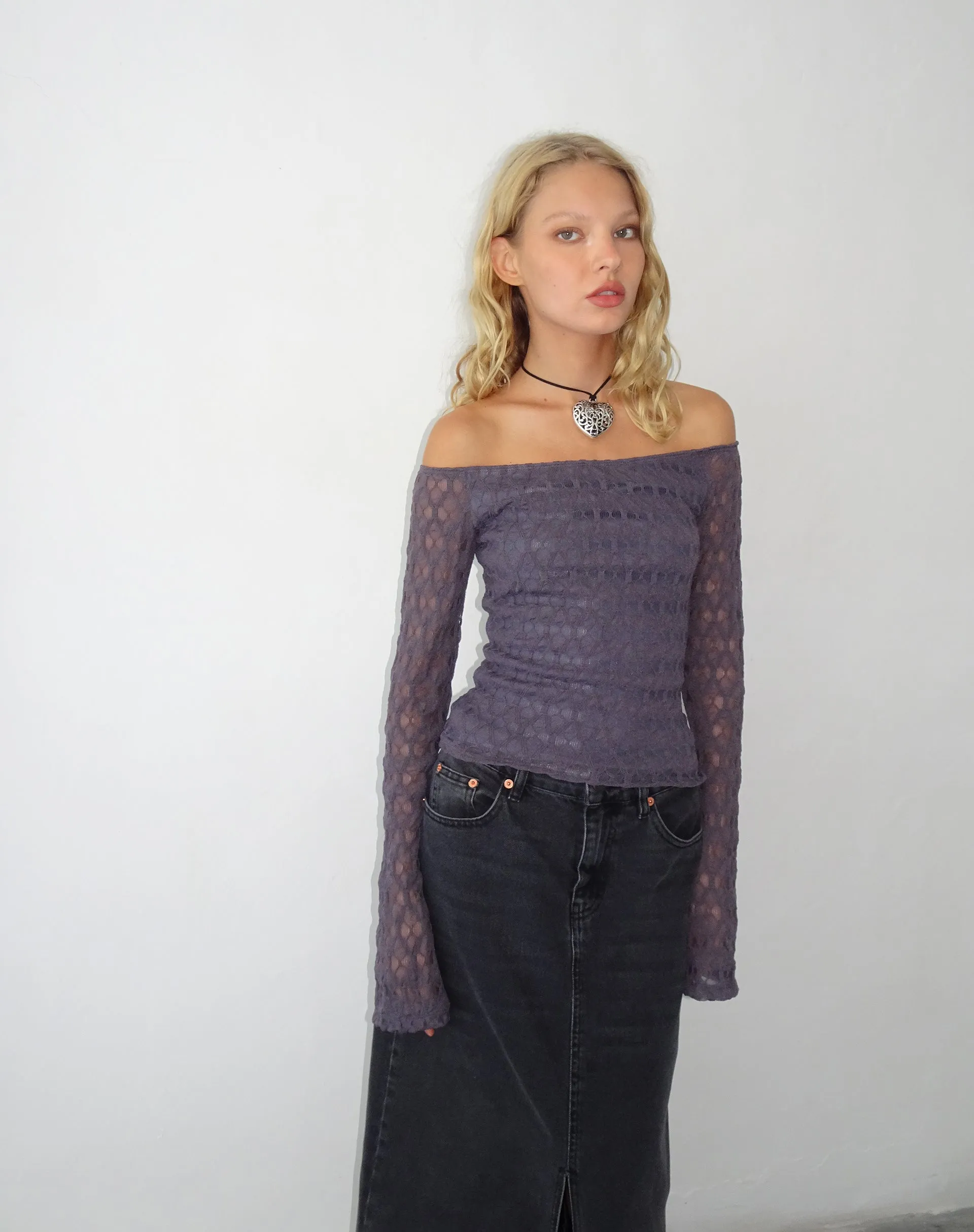 Neira Long Sleeve Bardot Top in Textured Knit Ocean Storm