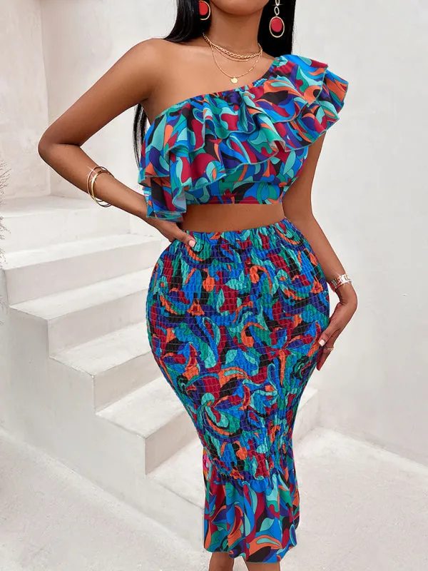 Off-shoulder lotus leaf print women's suit