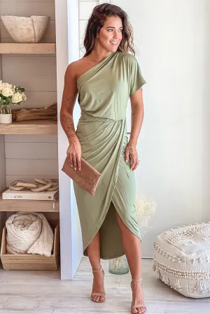 Olive One Shoulder Midi Dress