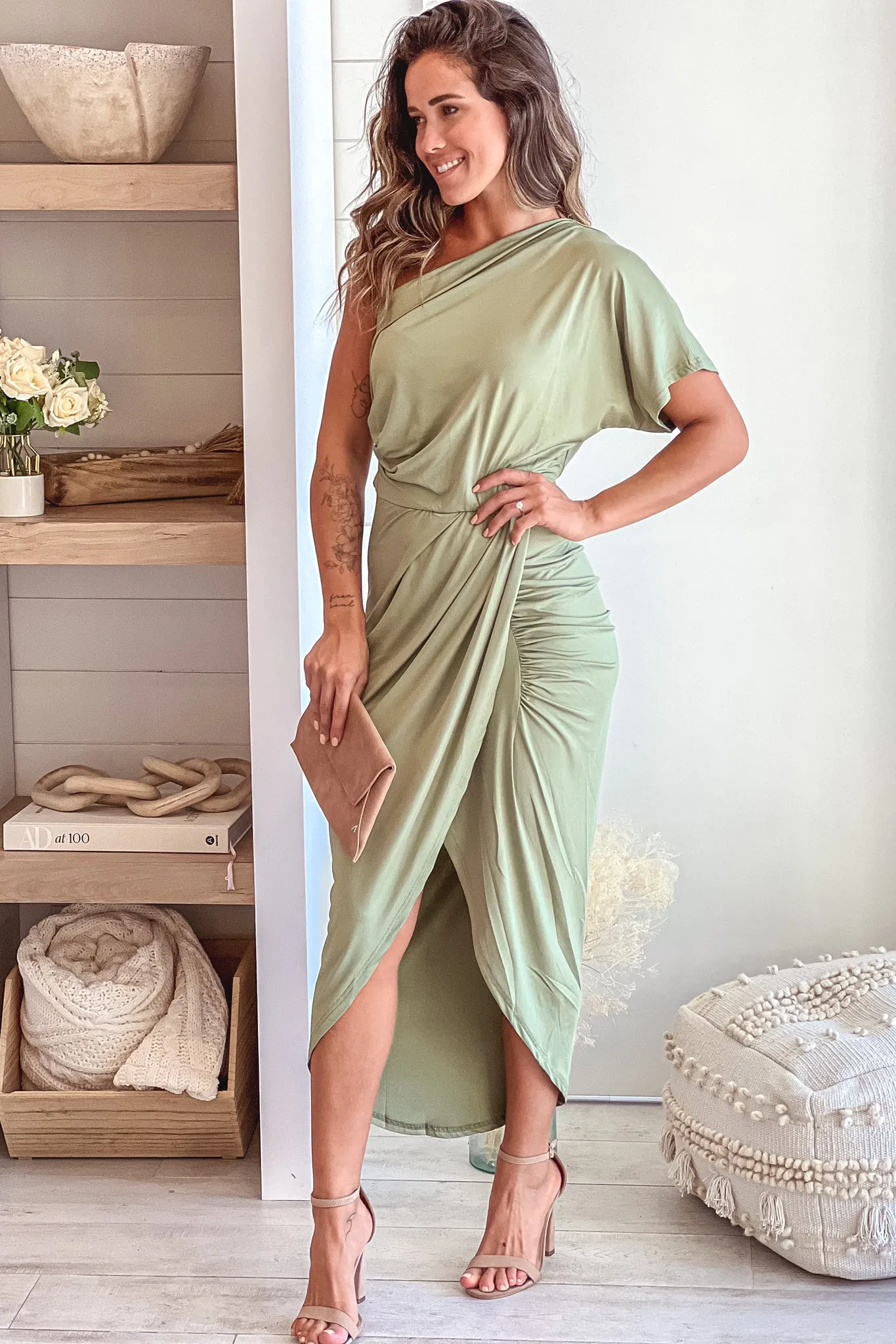 Olive One Shoulder Midi Dress