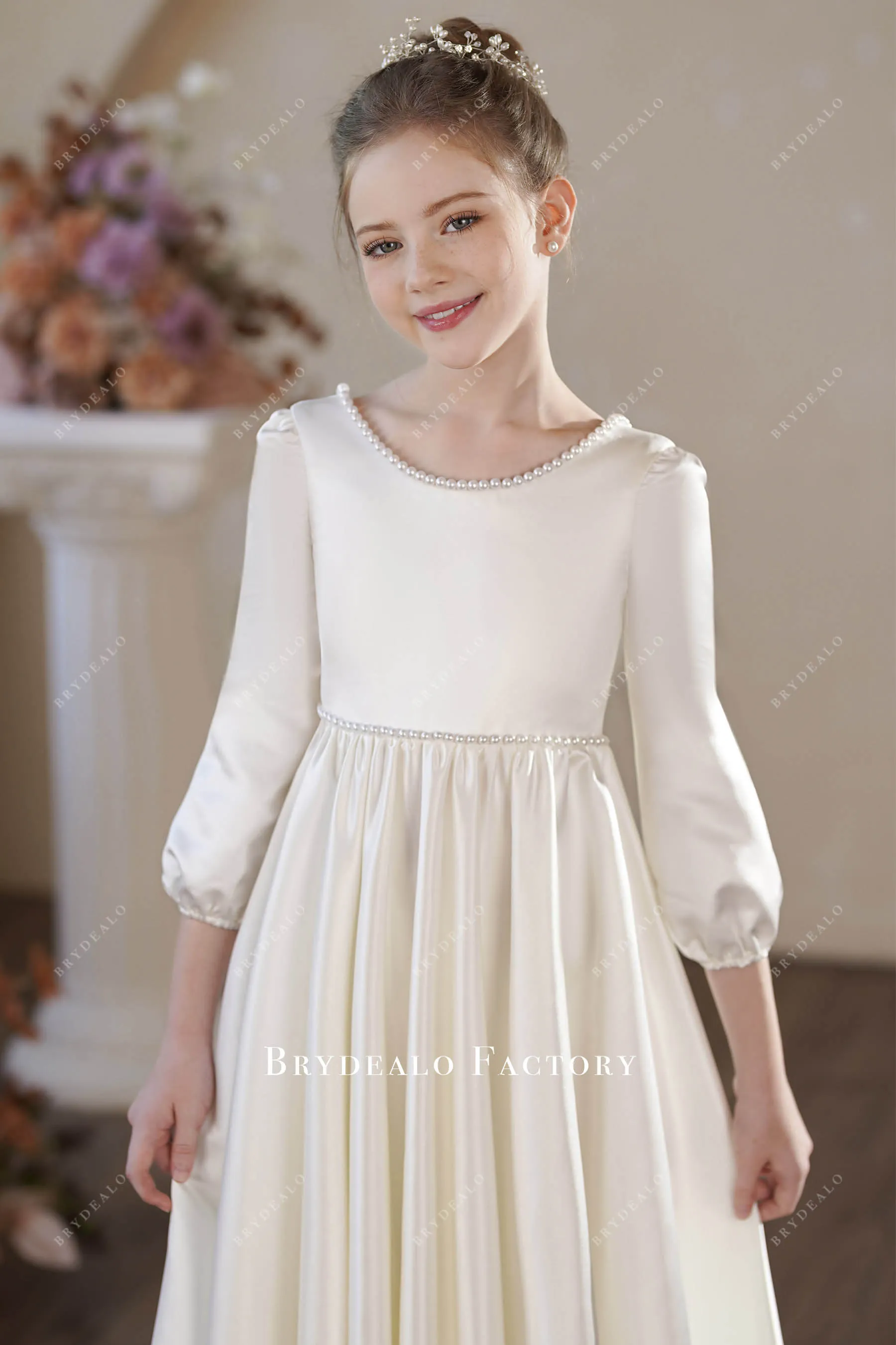 Pearls V Back Big Bow Ivory Satin 3/4 Sleeve Flower Girl Dress