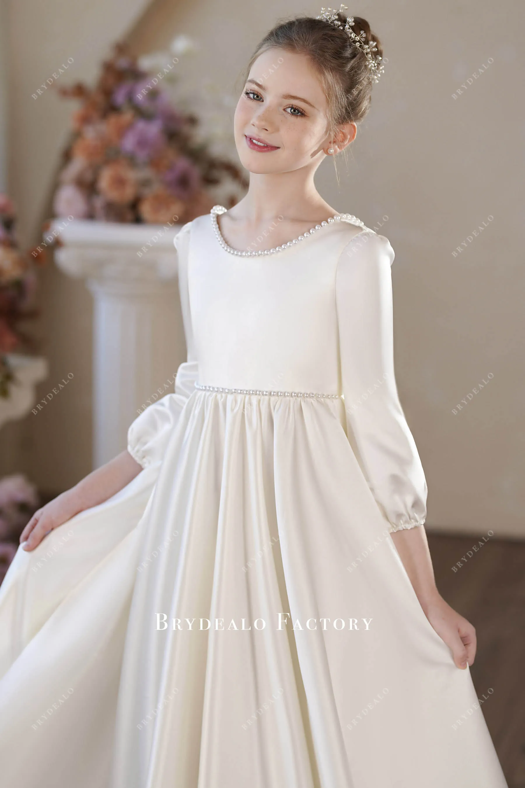 Pearls V Back Big Bow Ivory Satin 3/4 Sleeve Flower Girl Dress