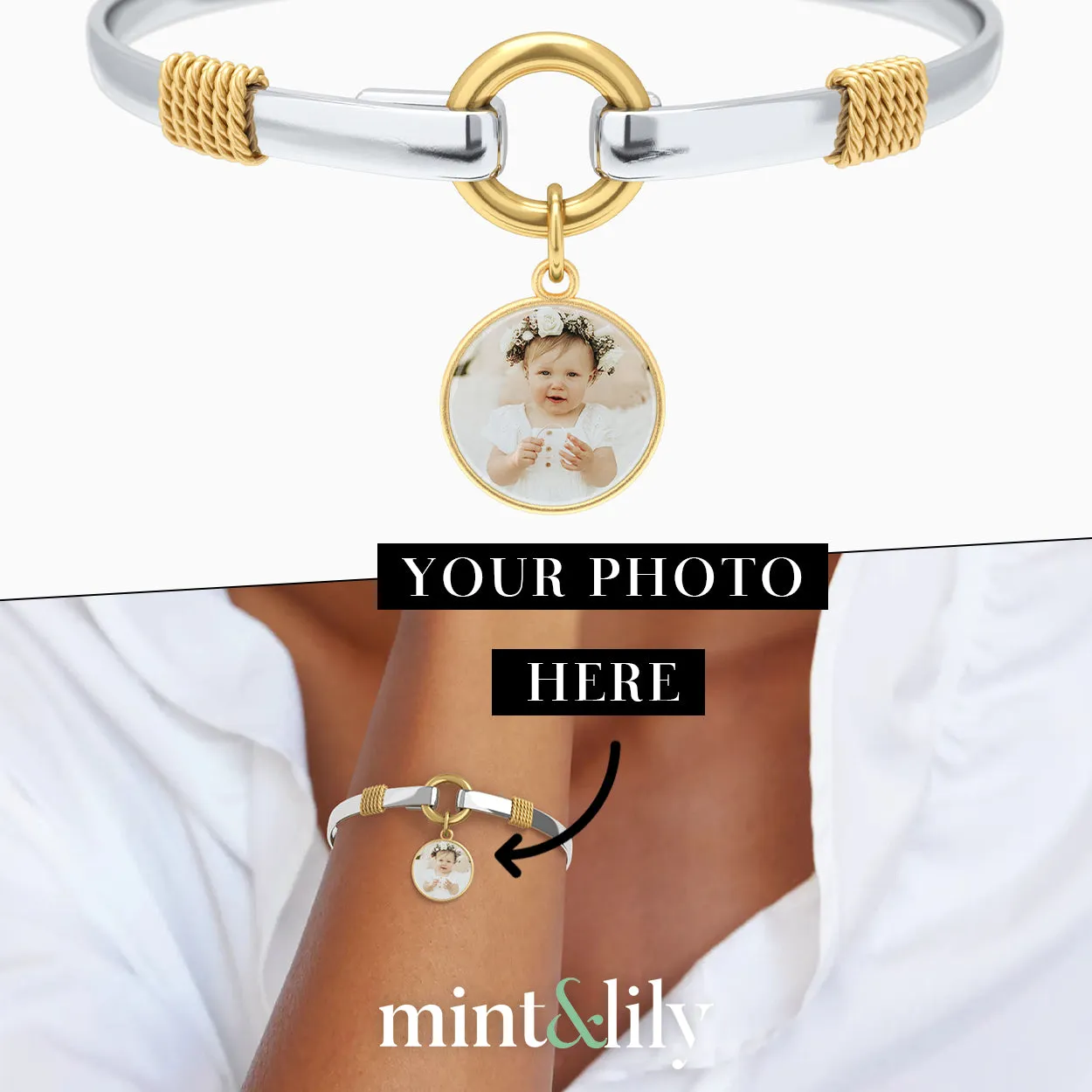 Personalized Photo Two-Tone Charm Bracelet