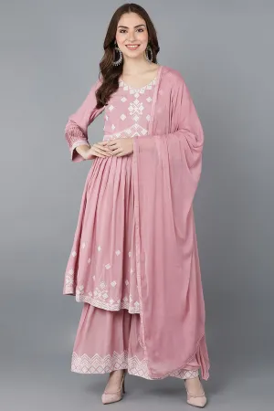 Pink Poly Silk Anarkali Kurta Sharara With Dupatta Set