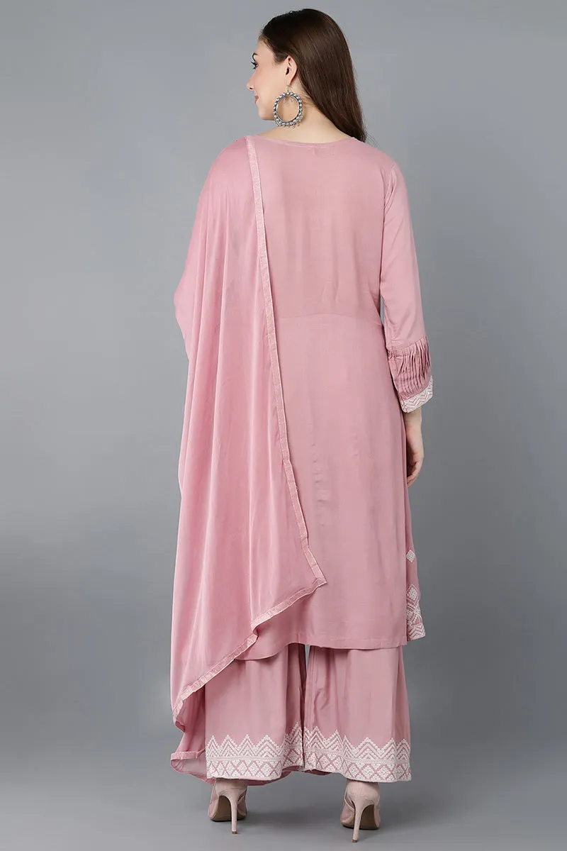 Pink Poly Silk Anarkali Kurta Sharara With Dupatta Set