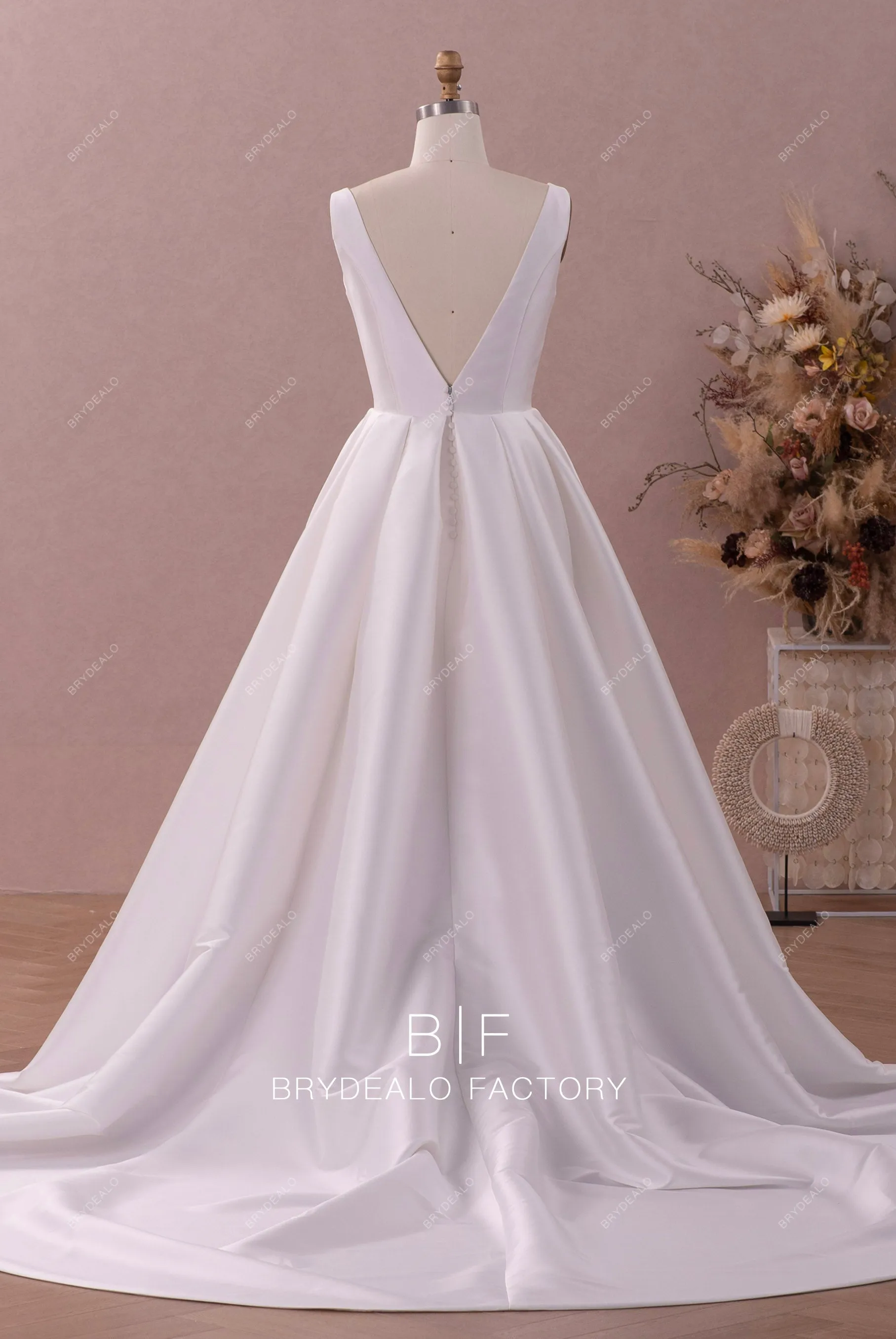 Plunging Neck Noble Mikado Ball Gown Church Wedding Dress