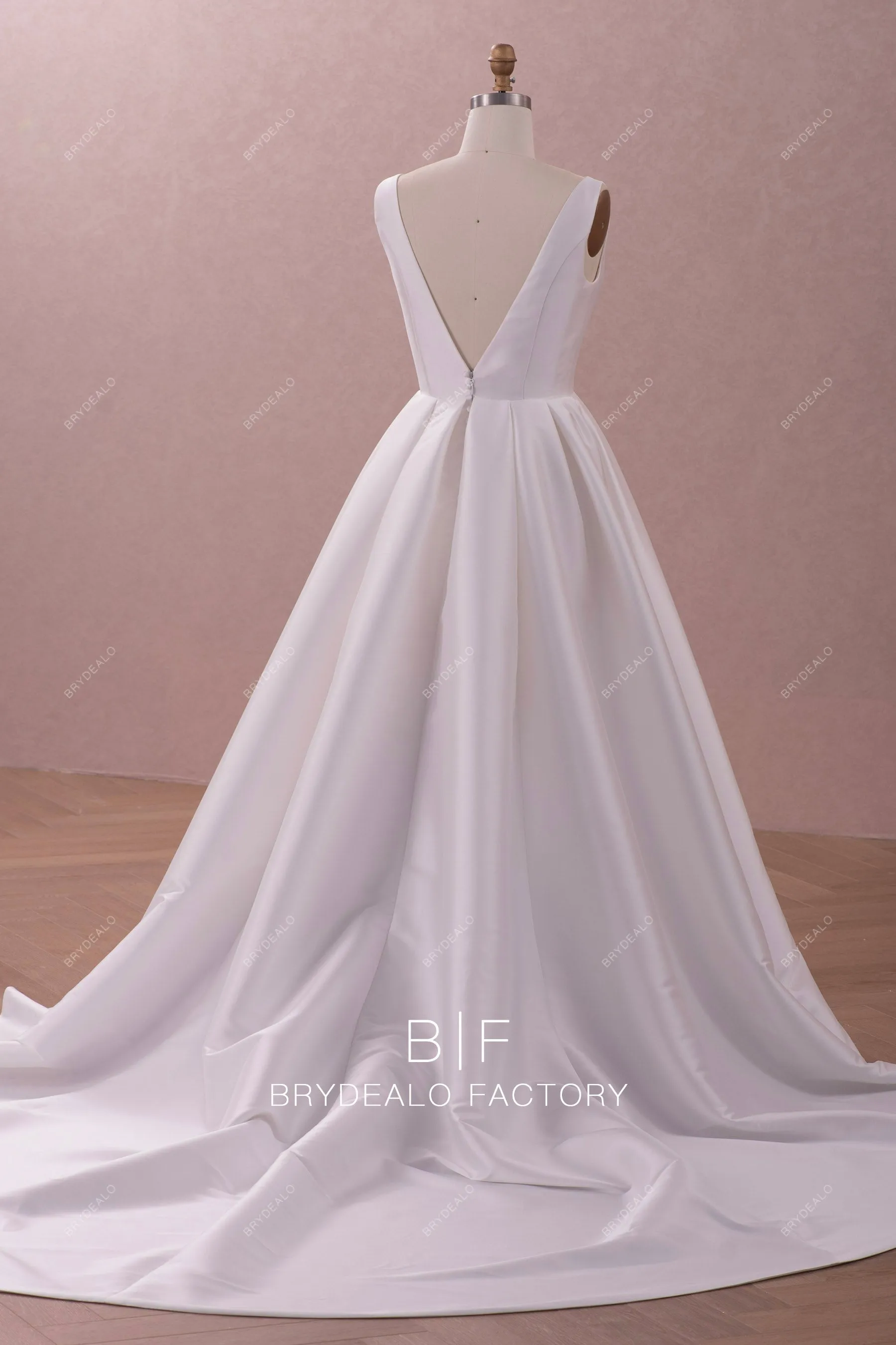 Plunging Neck Noble Mikado Ball Gown Church Wedding Dress