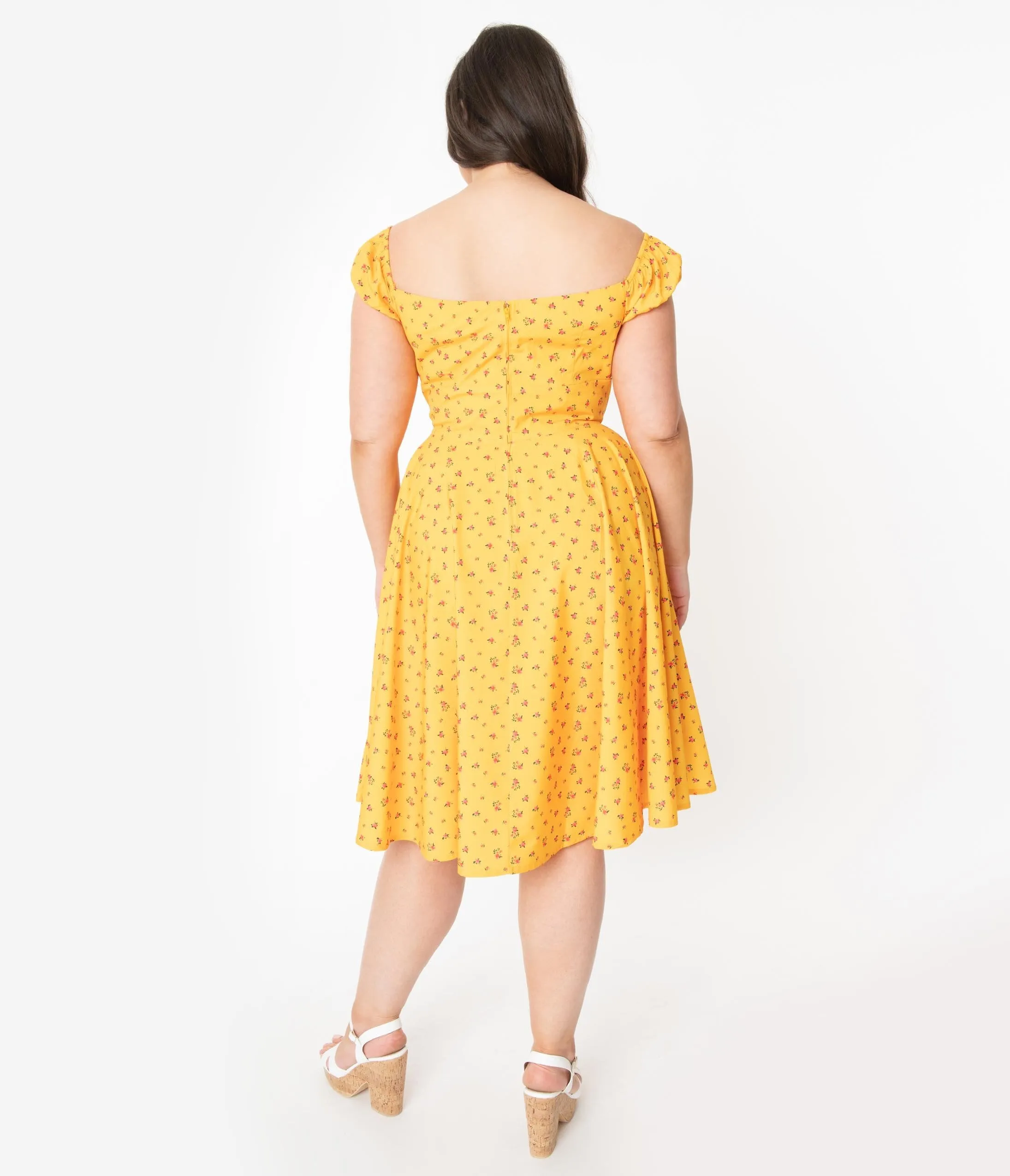 Plus Size Retro Style Golden Yellow Floral Swing Dress