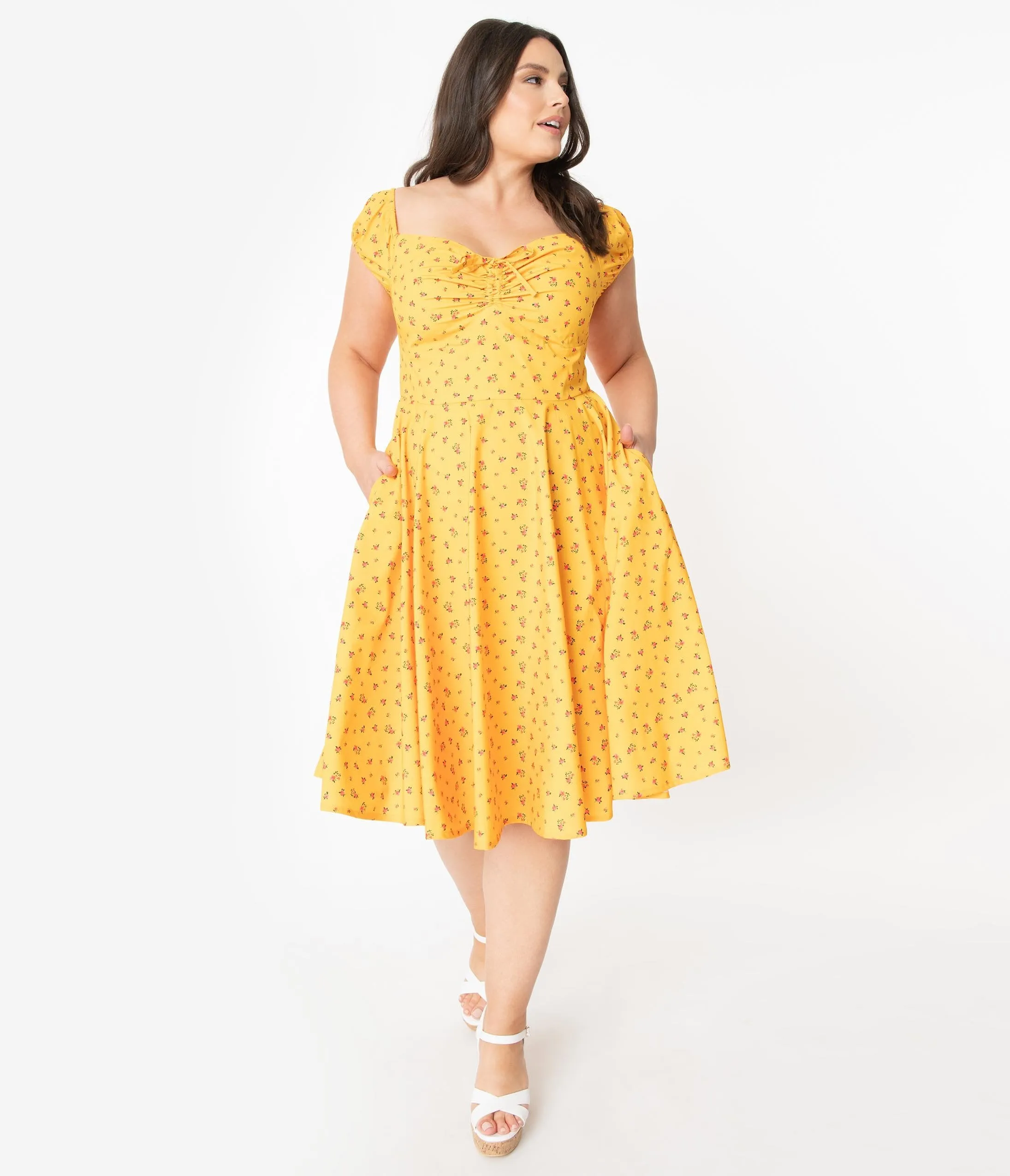 Plus Size Retro Style Golden Yellow Floral Swing Dress