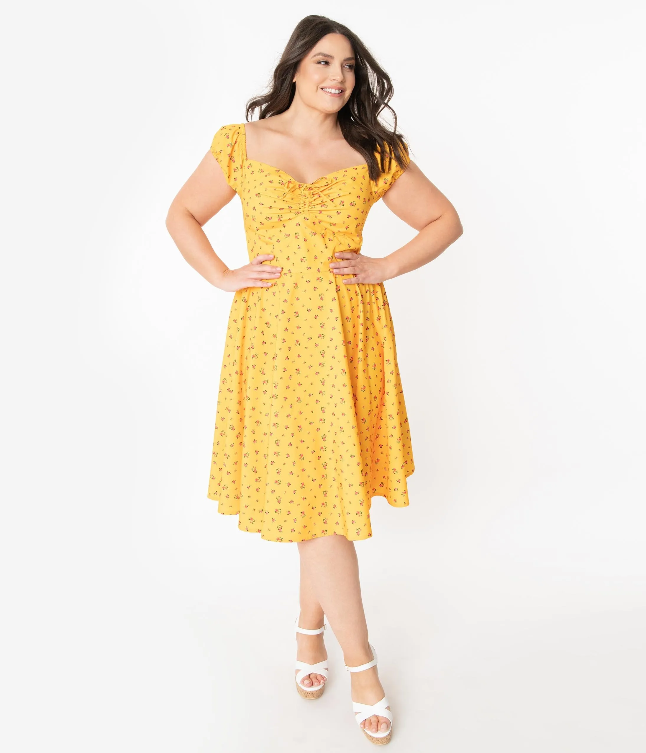 Plus Size Retro Style Golden Yellow Floral Swing Dress