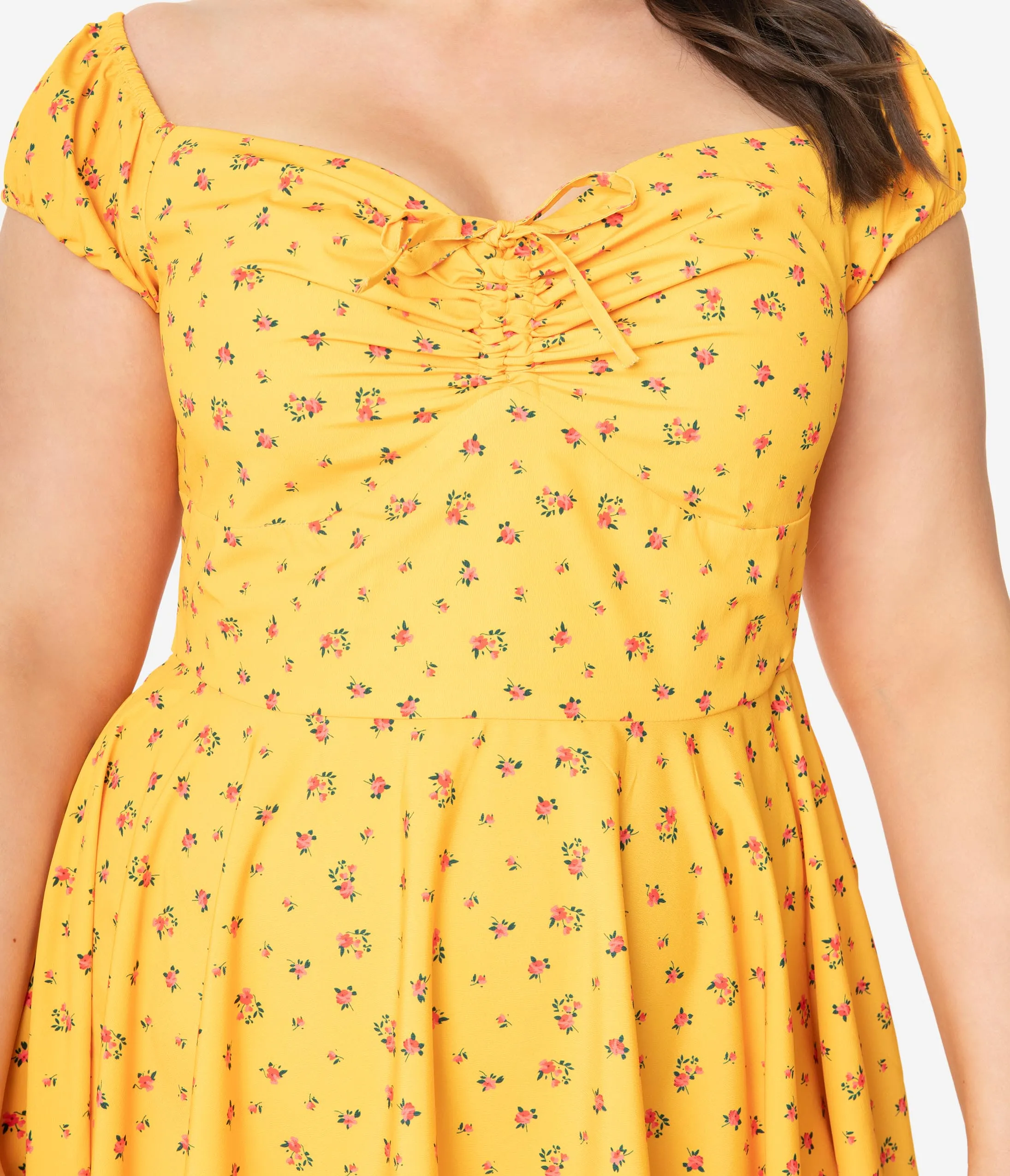 Plus Size Retro Style Golden Yellow Floral Swing Dress