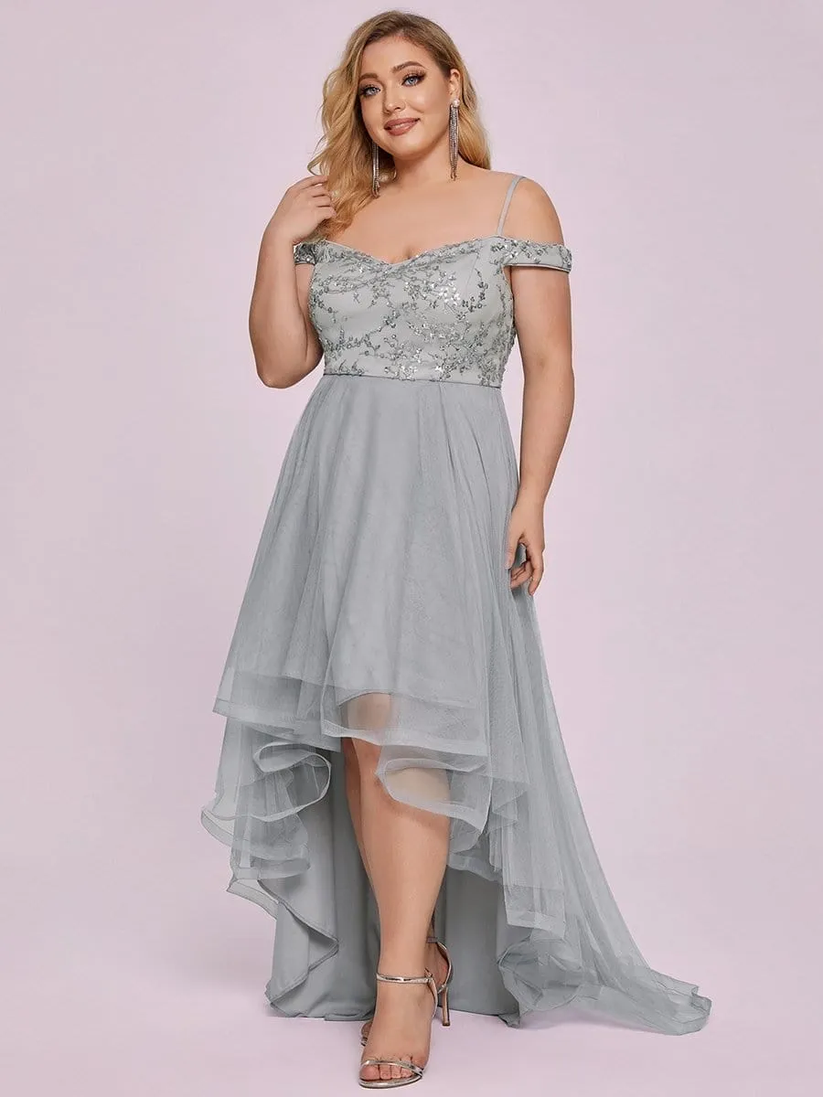 Plus Size Sequin High Low Cold Shoulder Tulle Evening Dress