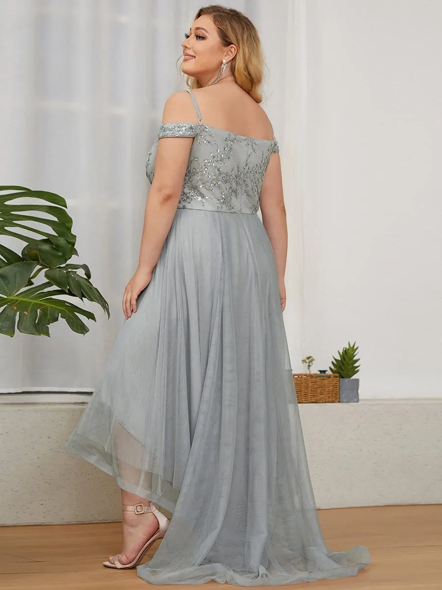 Plus Size Sequin High Low Cold Shoulder Tulle Evening Dress