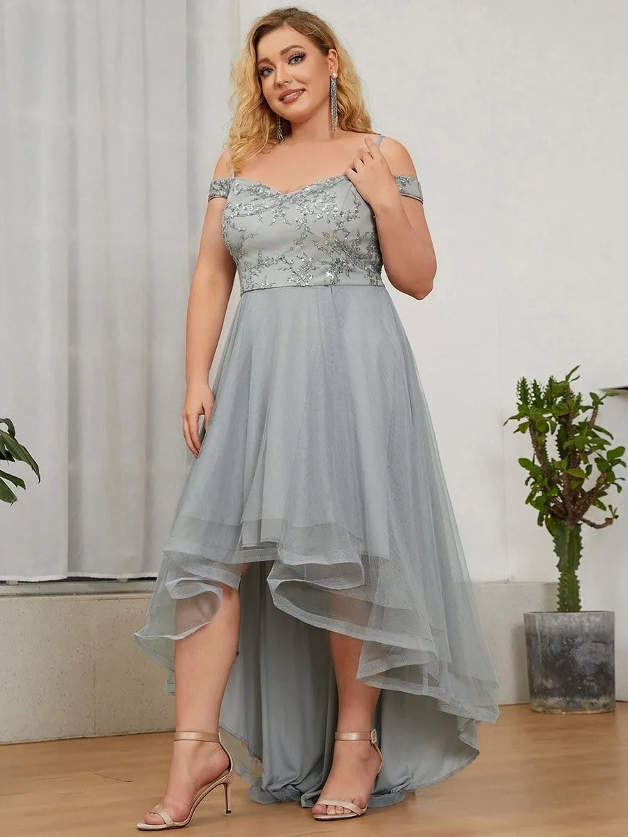 Plus Size Sequin High Low Cold Shoulder Tulle Evening Dress