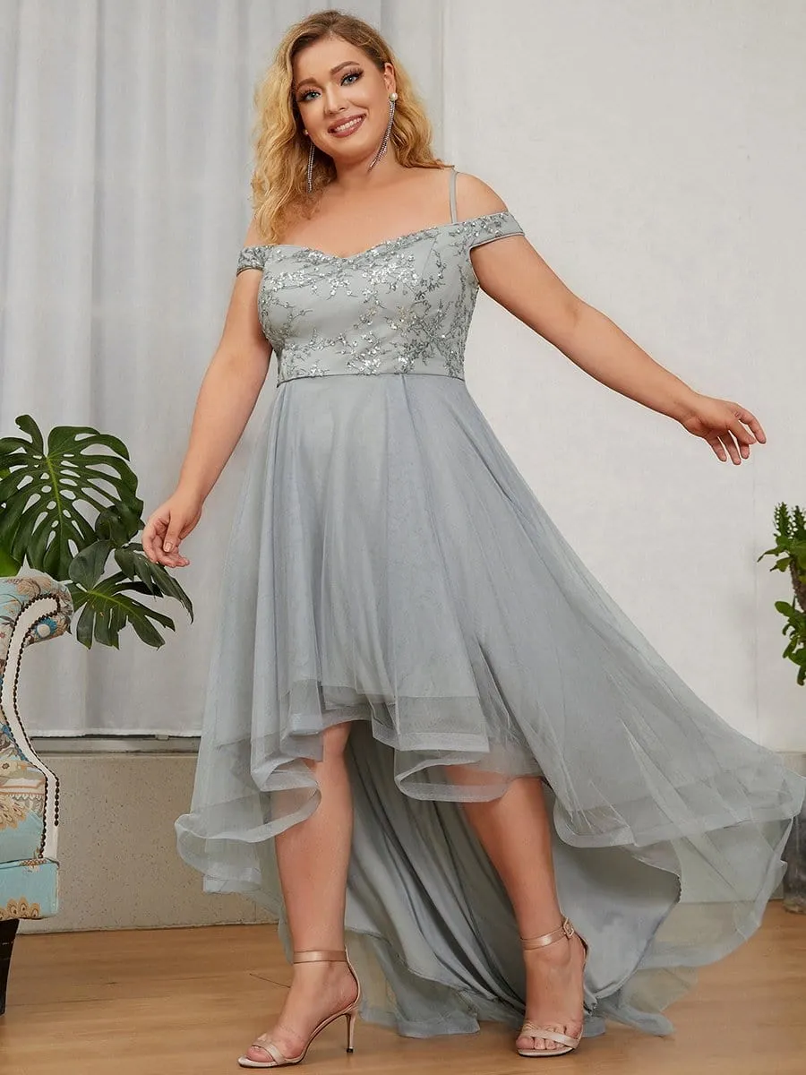 Plus Size Sequin High Low Cold Shoulder Tulle Evening Dress