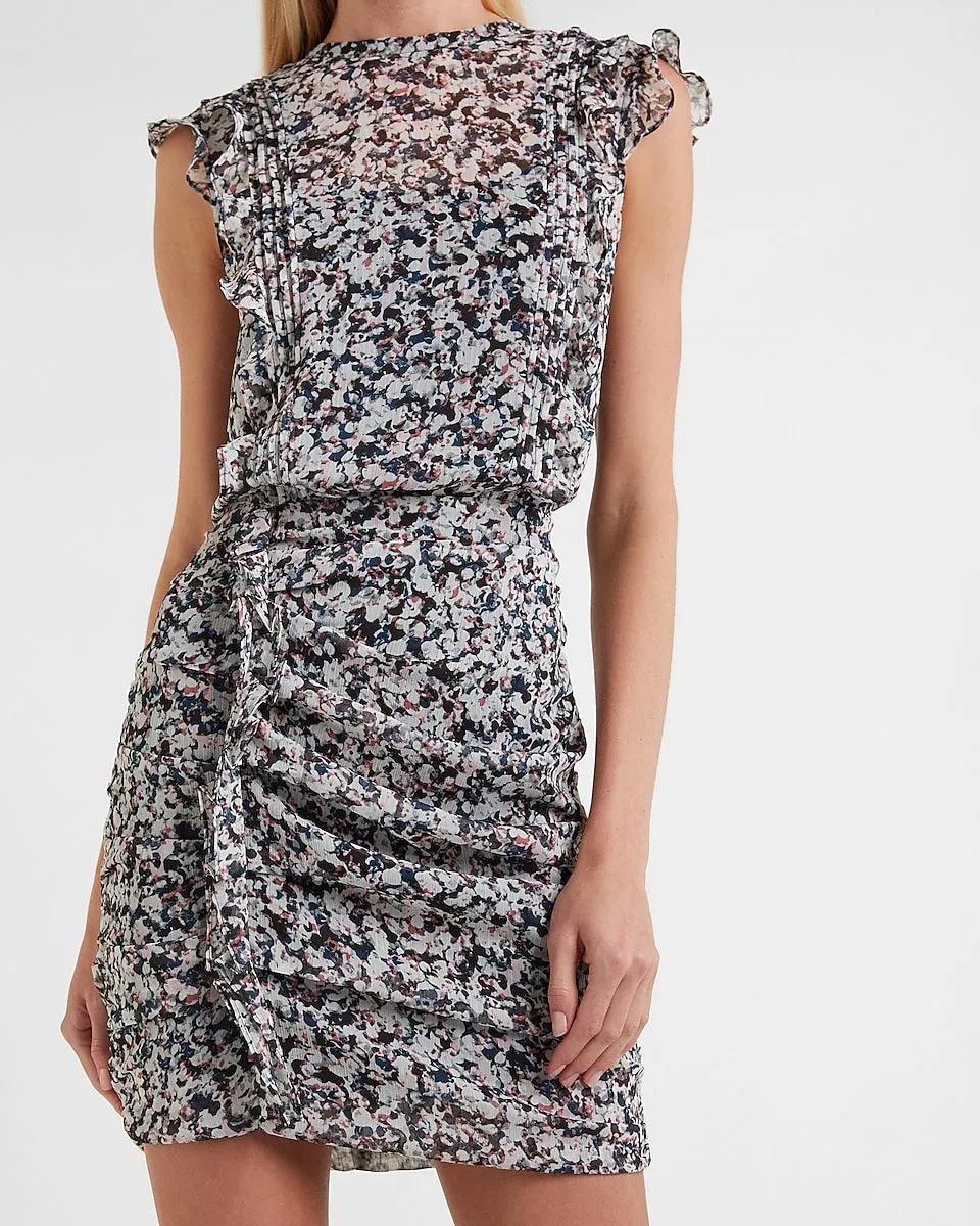 Printed Ruffle Ruched Front Sheath Dress in Print