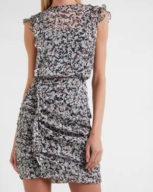 Printed Ruffle Ruched Front Sheath Dress in Print