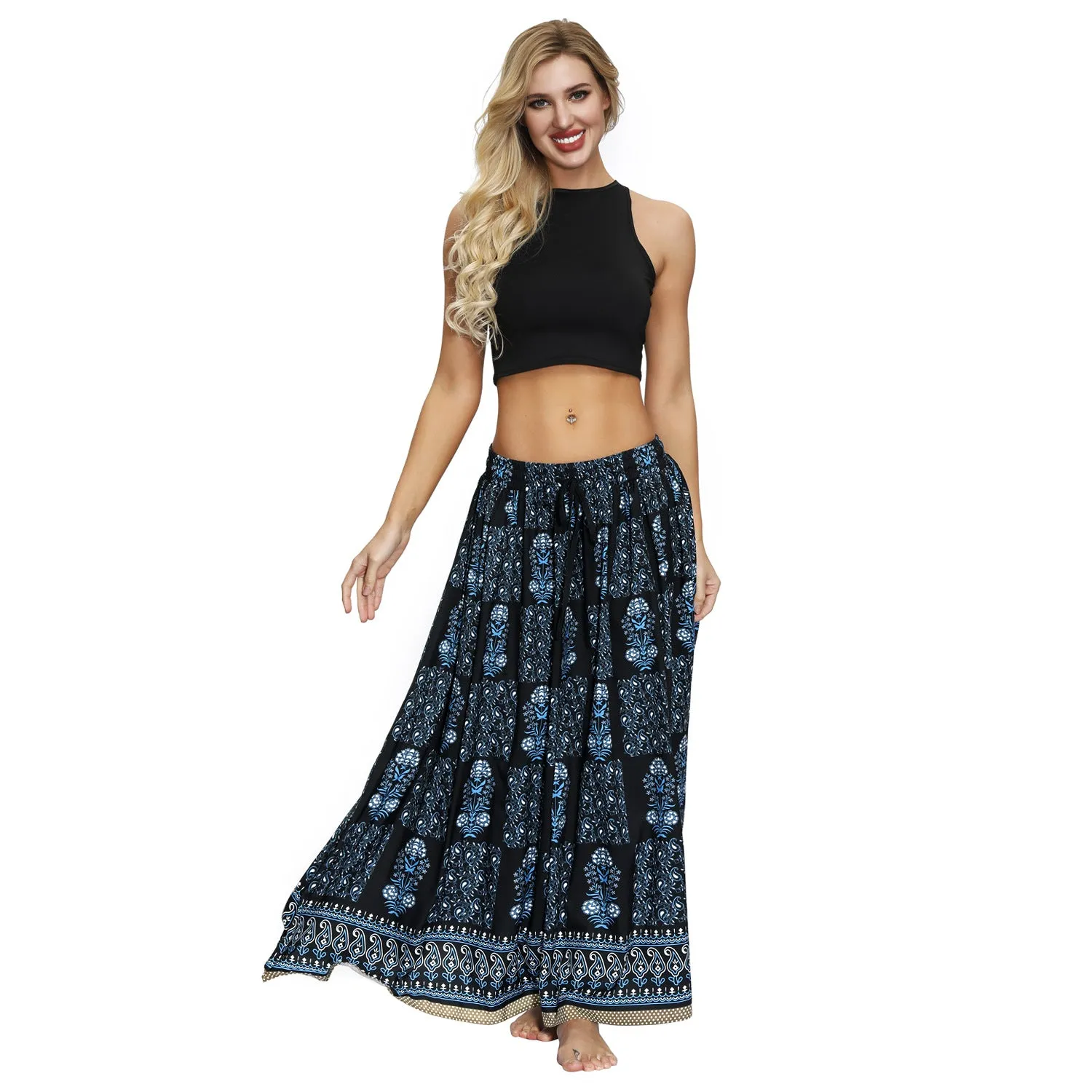 Printed Women's Elastic Waist Pleated Skirt Long Skirt