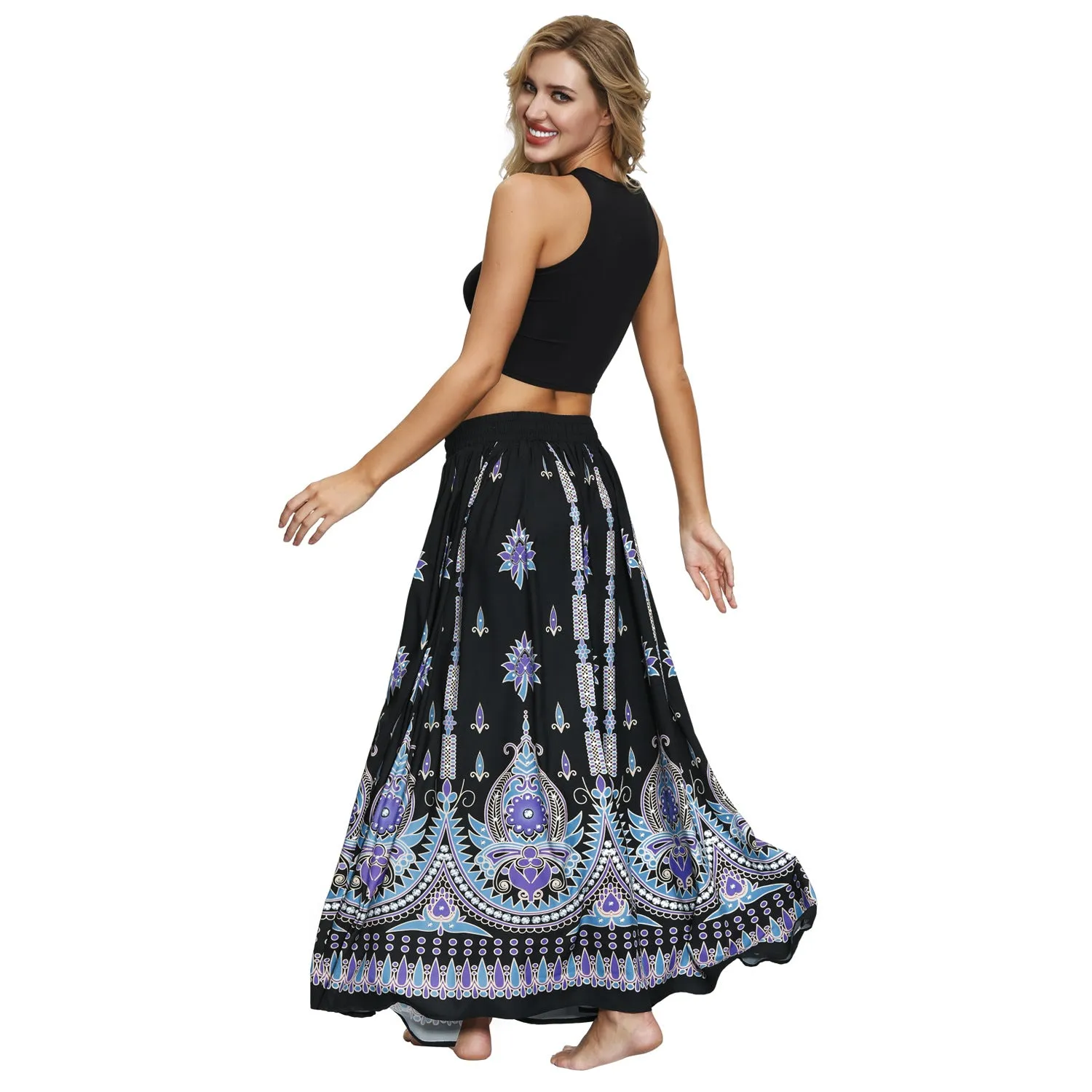 Printed Women's Elastic Waist Pleated Skirt Long Skirt