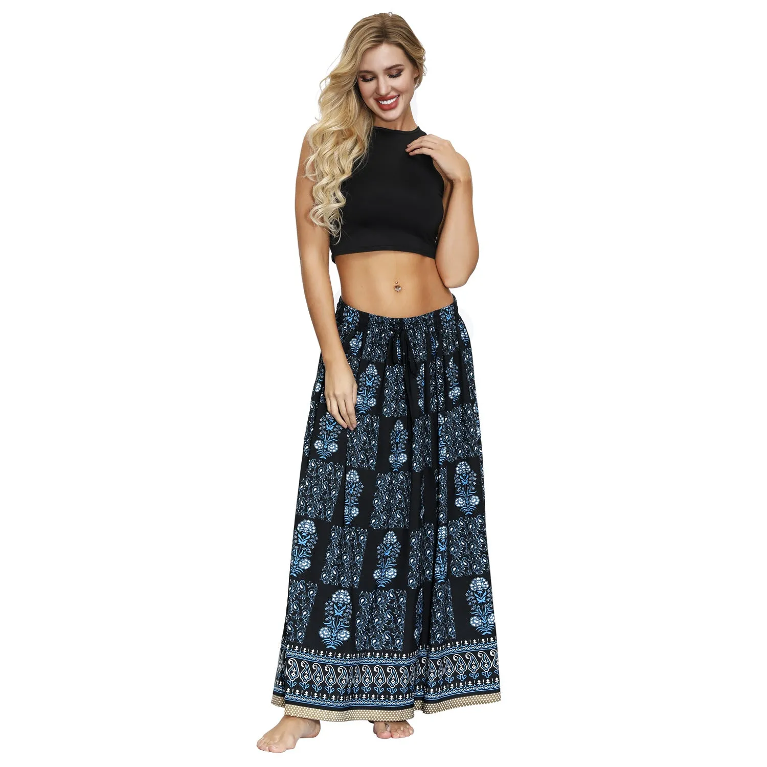 Printed Women's Elastic Waist Pleated Skirt Long Skirt