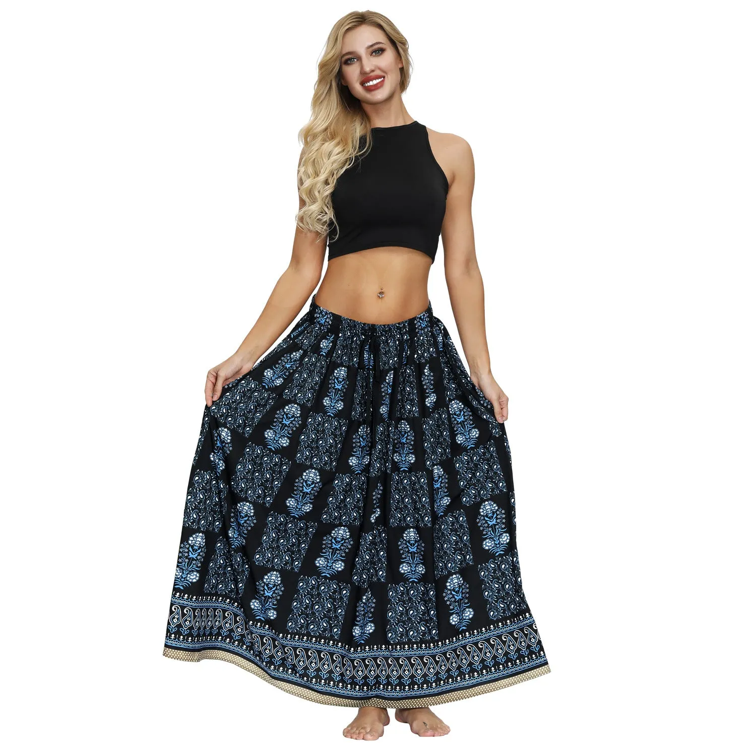 Printed Women's Elastic Waist Pleated Skirt Long Skirt