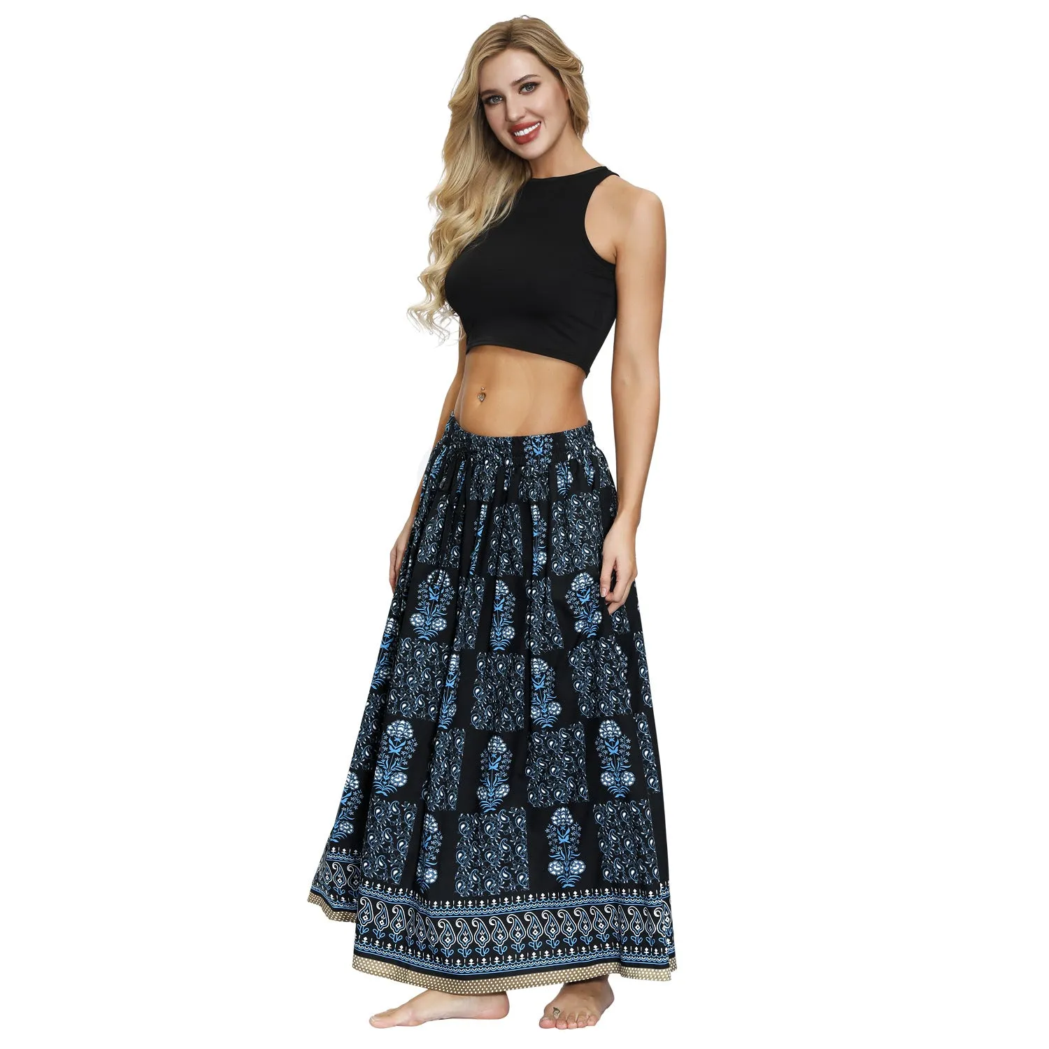 Printed Women's Elastic Waist Pleated Skirt Long Skirt