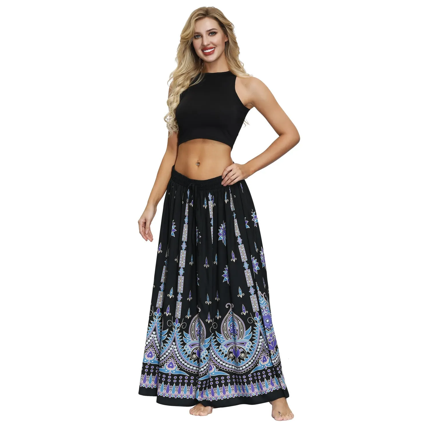 Printed Women's Elastic Waist Pleated Skirt Long Skirt