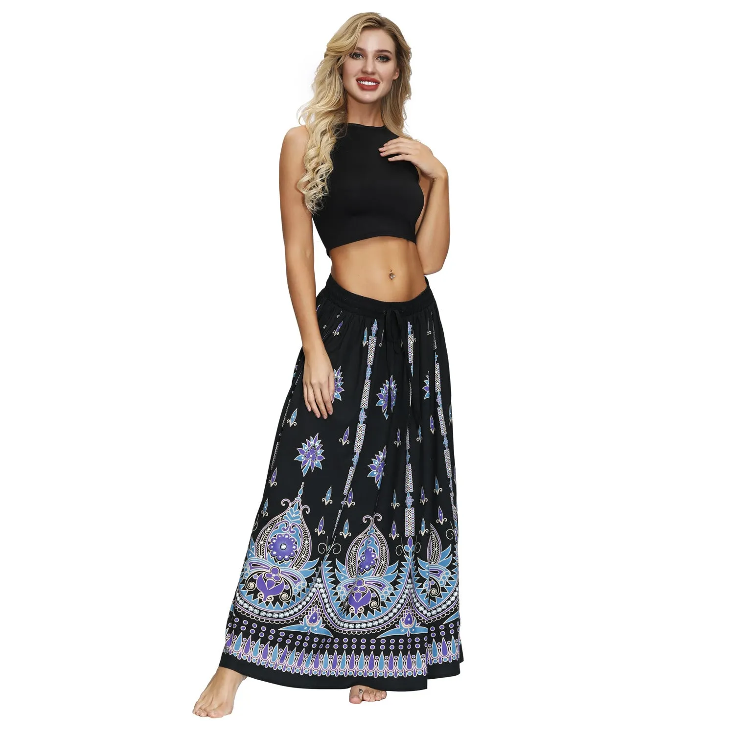 Printed Women's Elastic Waist Pleated Skirt Long Skirt