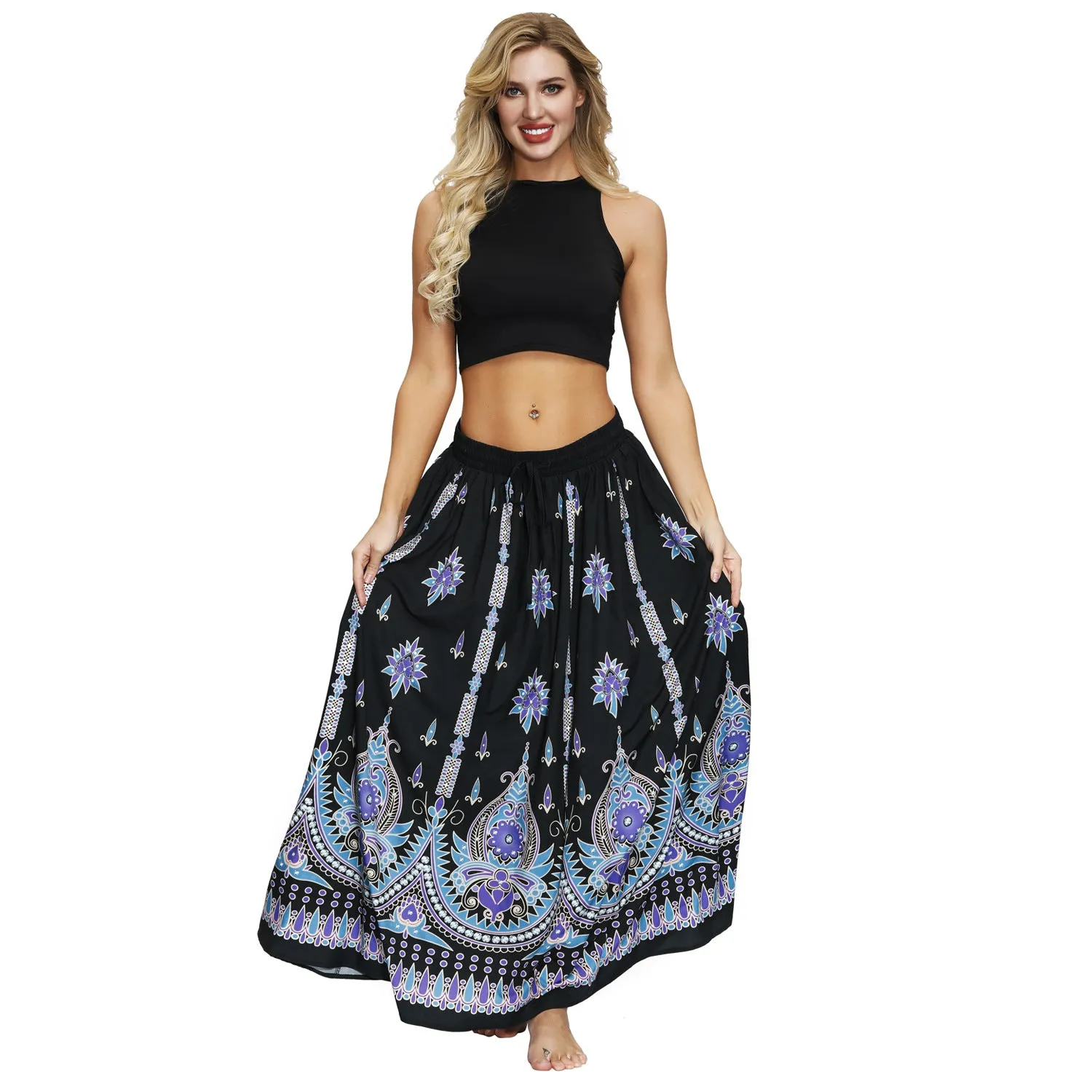 Printed Women's Elastic Waist Pleated Skirt Long Skirt