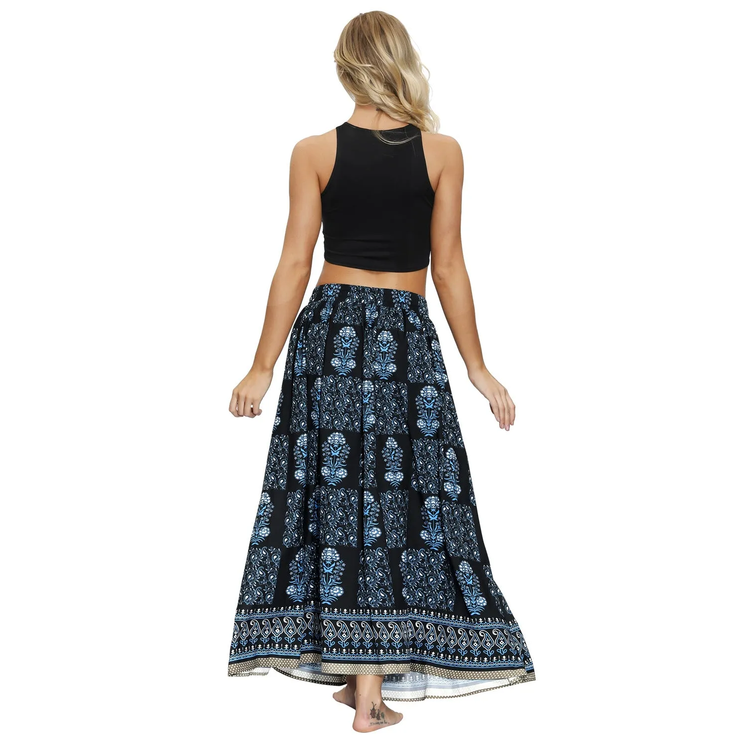 Printed Women's Elastic Waist Pleated Skirt Long Skirt