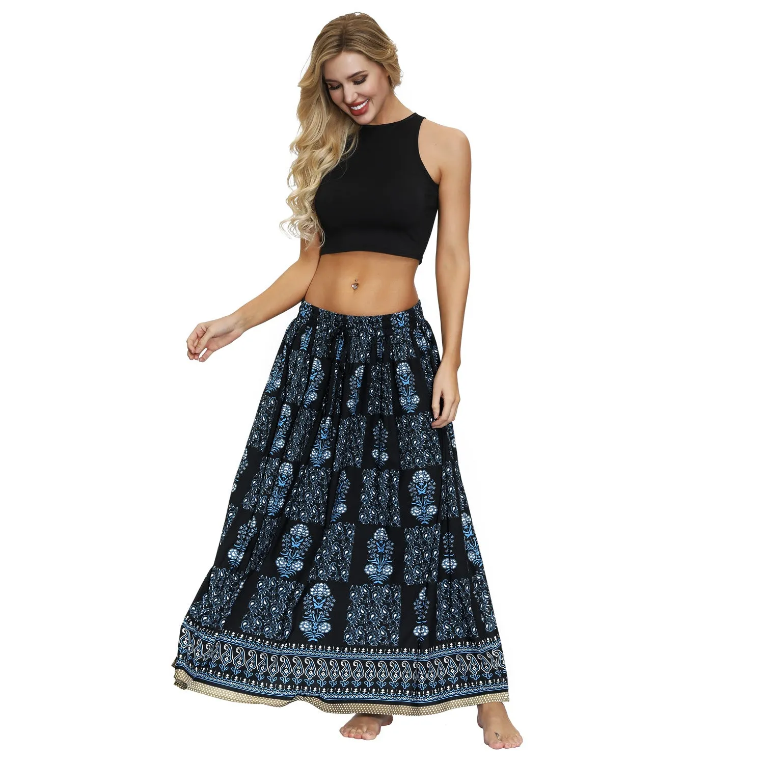 Printed Women's Elastic Waist Pleated Skirt Long Skirt