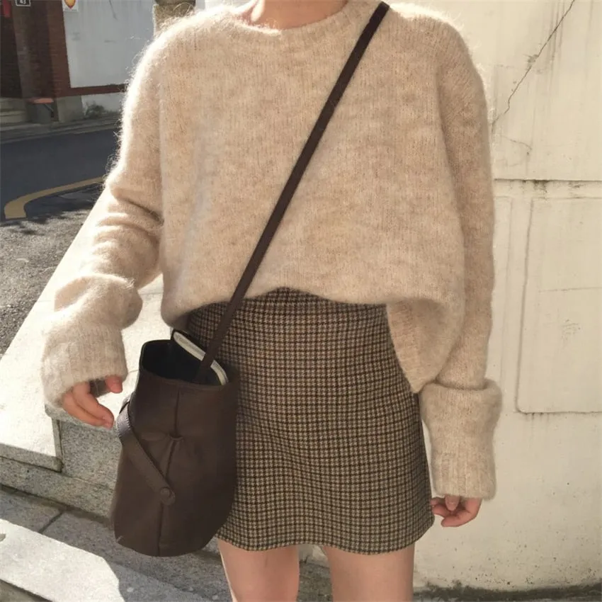 Pullover Knitted Vintage Long Sleeve Autumn Elegant Winter Warm Sweater   Skirt