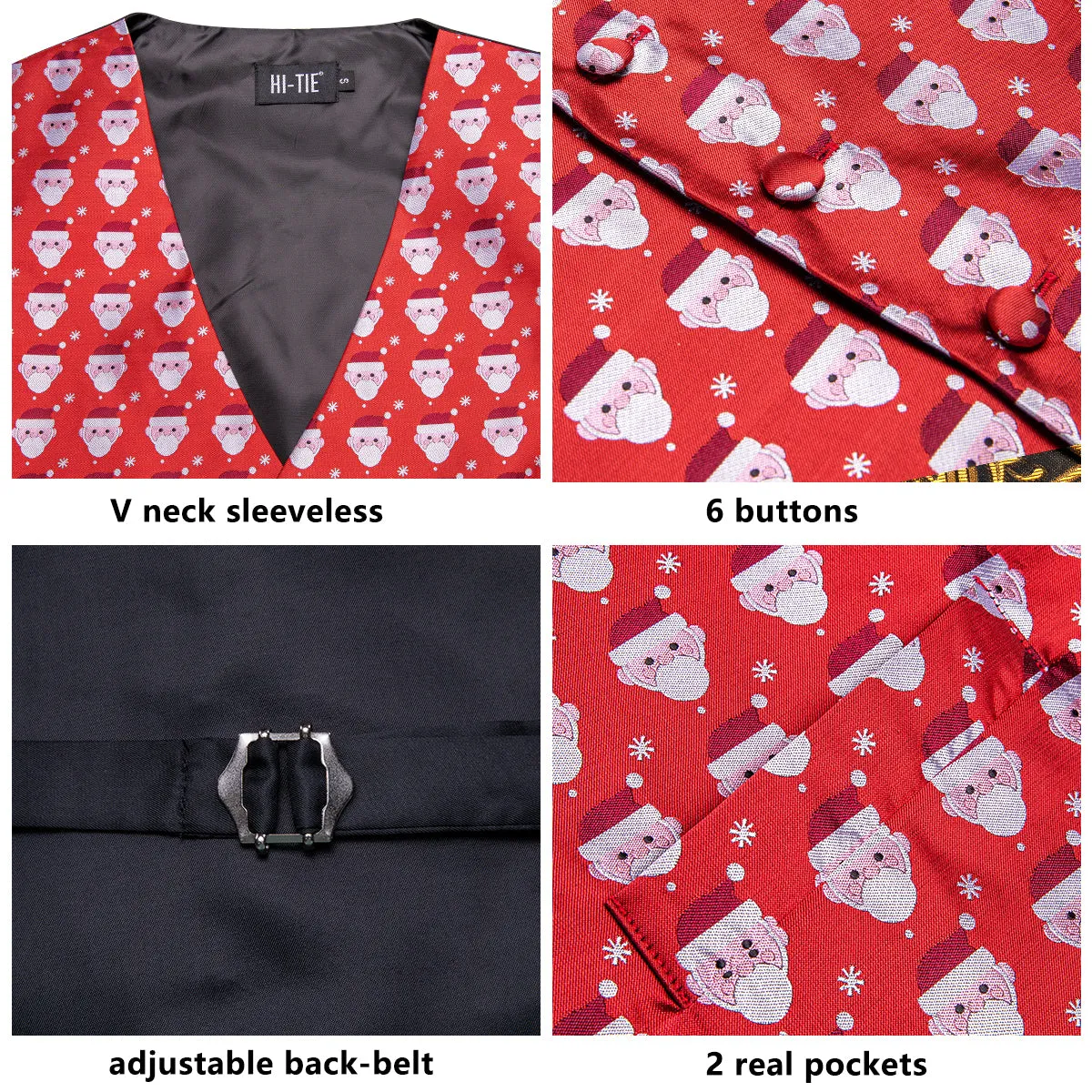 Red White Christmas Santa Claus Novelty Jacquard Silk Men's Vest Hanky Cufflinks Tie Set