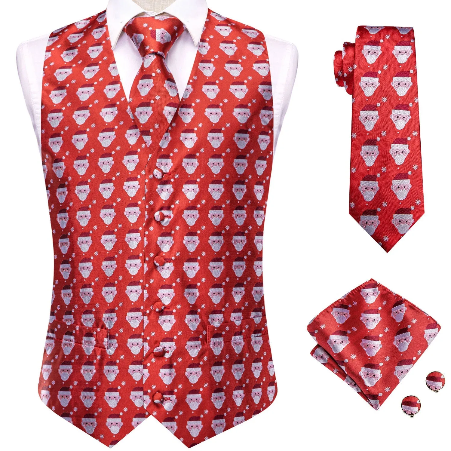 Red White Christmas Santa Claus Novelty Jacquard Silk Men's Vest Hanky Cufflinks Tie Set