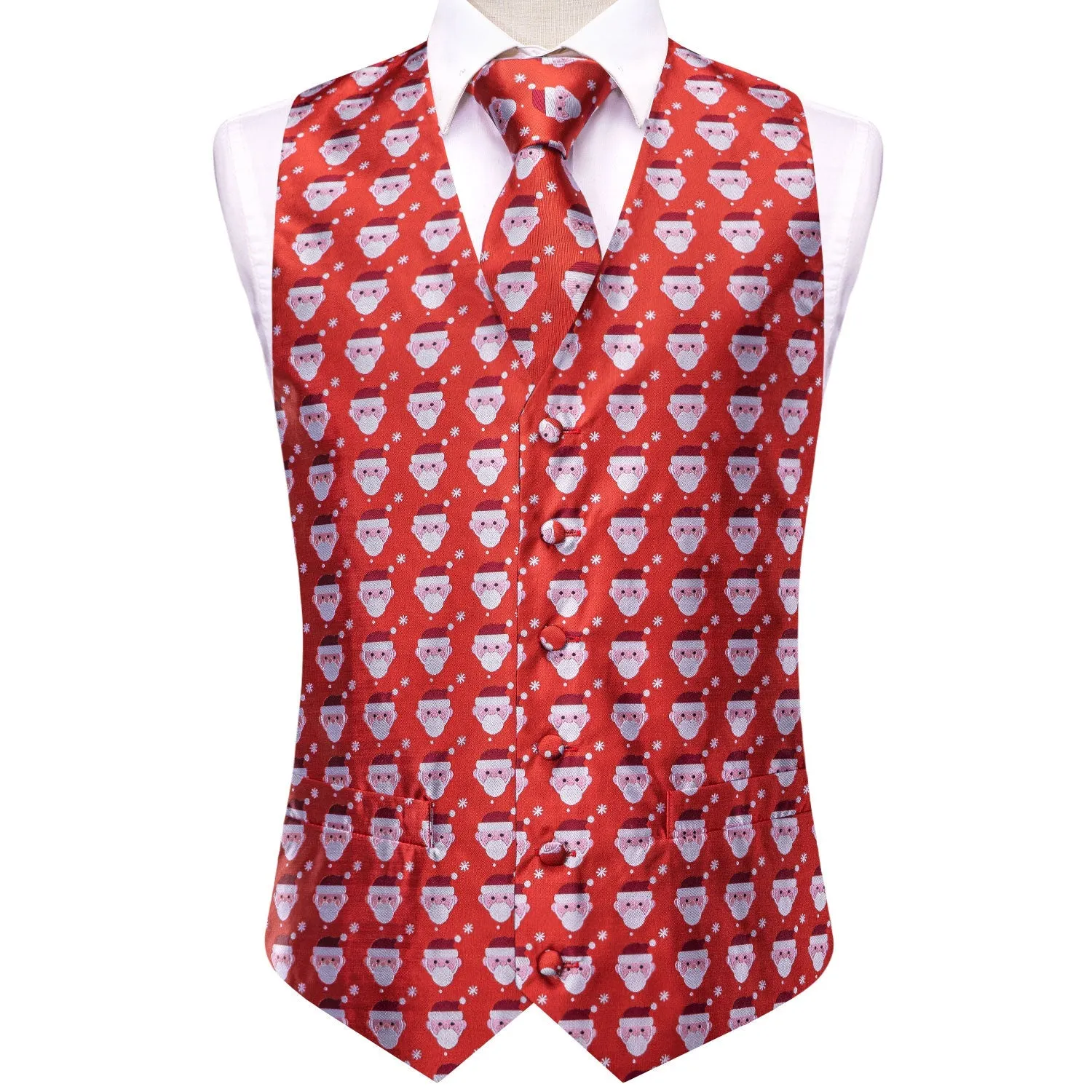 Red White Christmas Santa Claus Novelty Jacquard Silk Men's Vest Hanky Cufflinks Tie Set