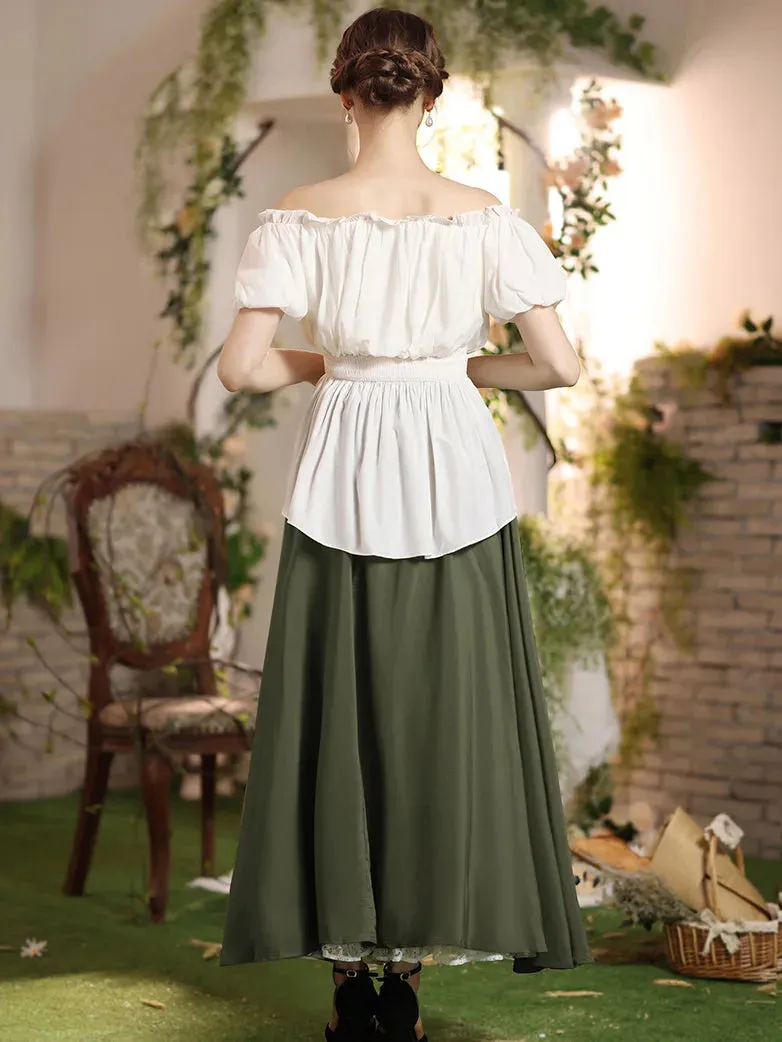 Renaissance Elastic Waist Double-Layer Lace Hem Long Skirts