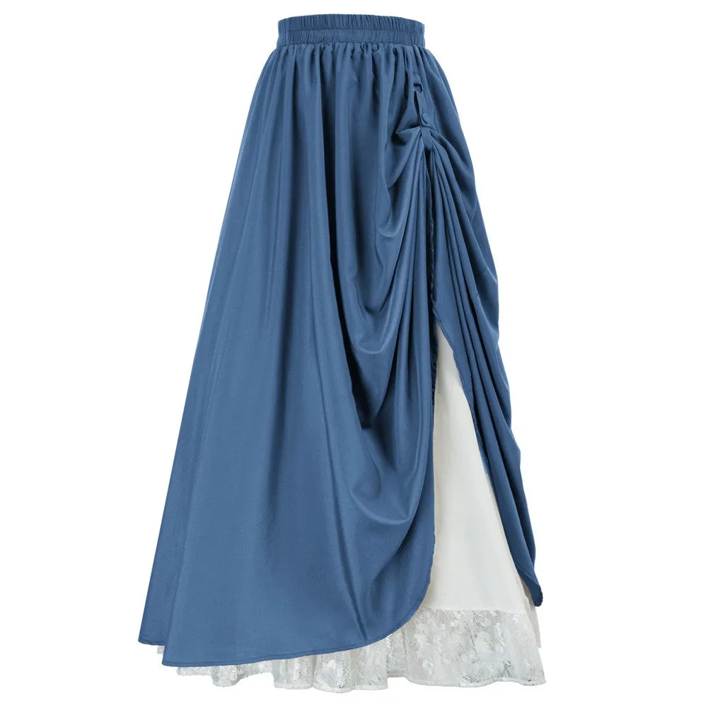 Renaissance Elastic Waist Double-Layer Lace Hem Long Skirts