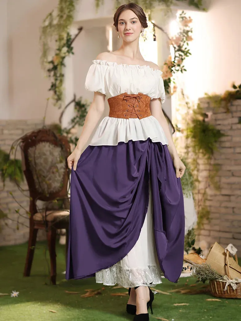 Renaissance Elastic Waist Double-Layer Lace Hem Long Skirts