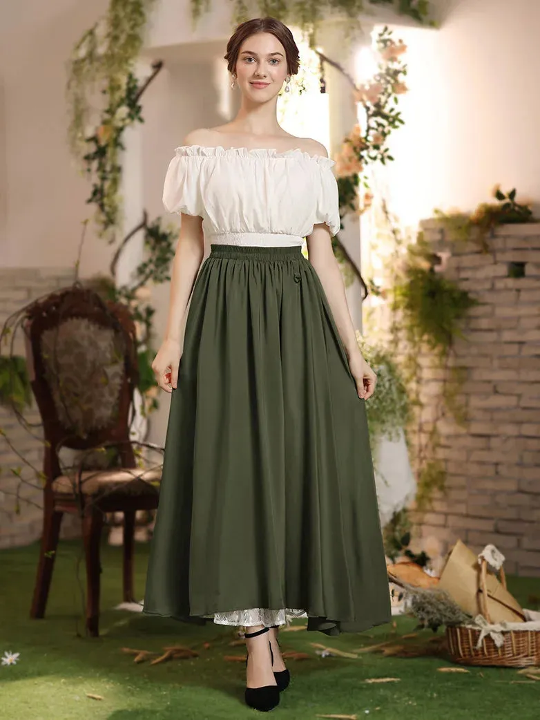 Renaissance Elastic Waist Double-Layer Lace Hem Long Skirts