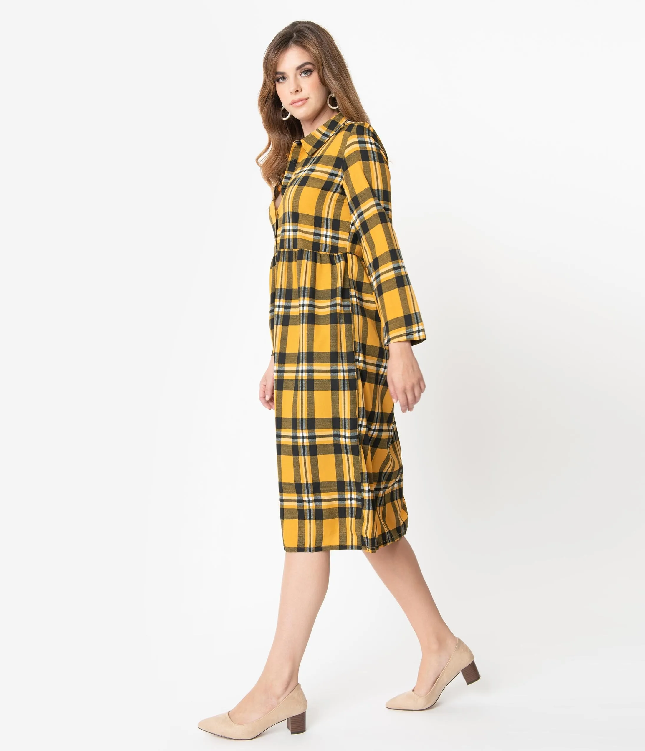 Retro Style Mustard & Black Plaid Sleeved Midi Dress