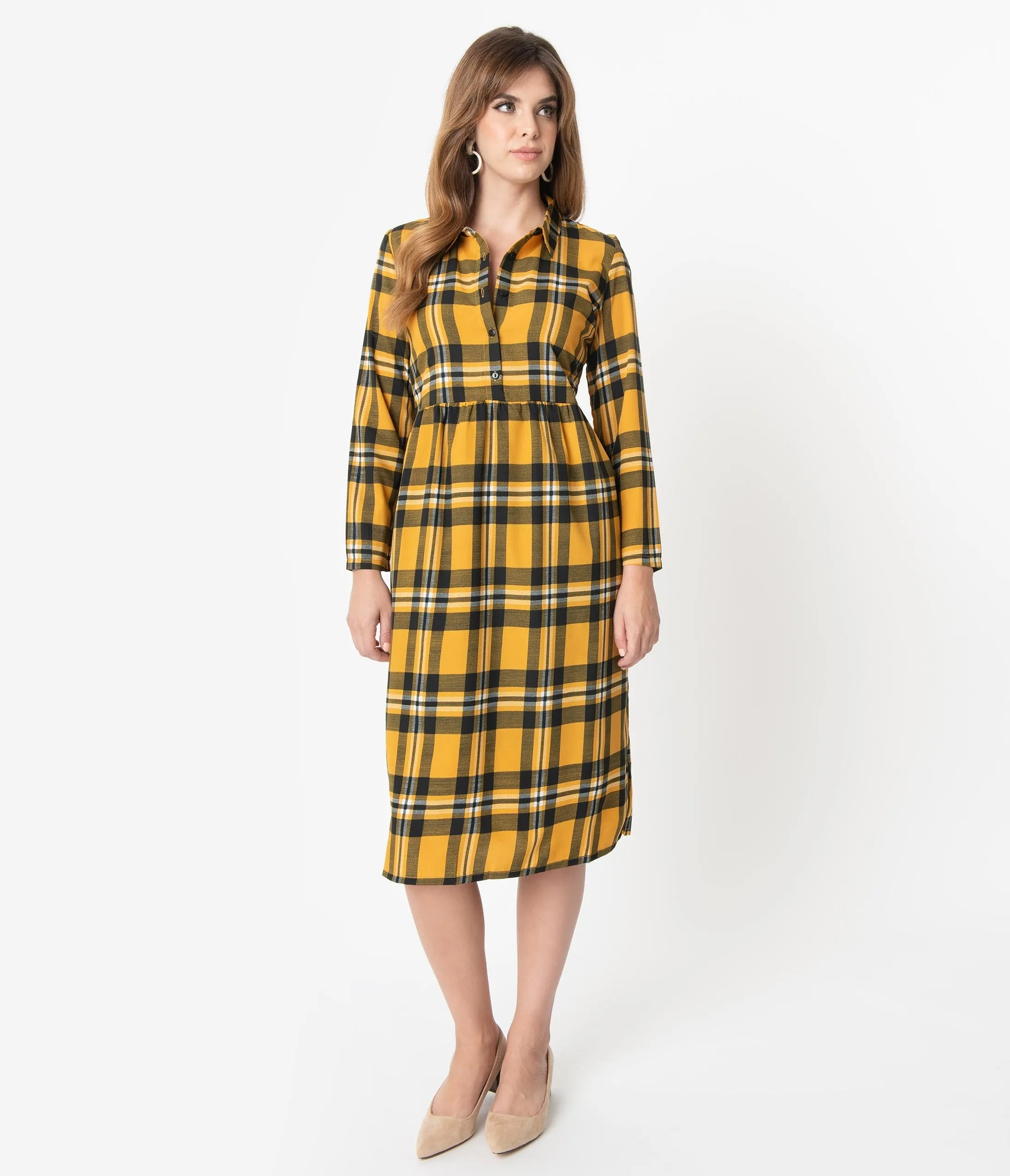 Retro Style Mustard & Black Plaid Sleeved Midi Dress